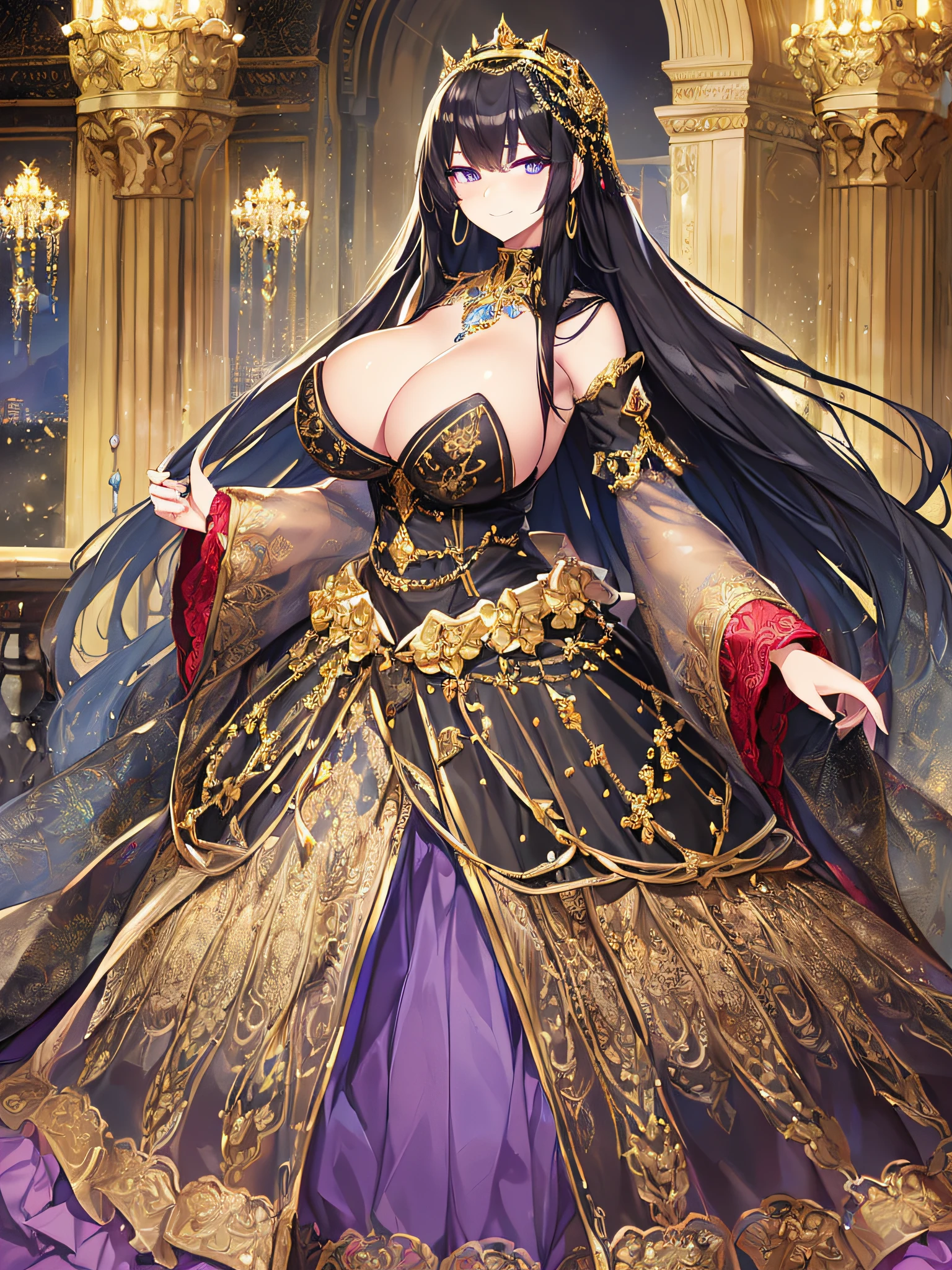 ((anime artstyle)),(Masterpiece),(Best Quality),(Super Detail),(Very Delicate and Beautiful),Solo,((full body)),((standing in the balcony,Overlooking a detailed night view,outdoor)),from above,BlingBling,((1 arrogant princess in beautiful embroidery black and gold gorgeous rococo ballgown with beautiful embroidery and glitter jeweled voluminous full length hoop skirt)),(crinoline),gorgeousfull embroidery,Long train,(((arrogant,haughty))),((arrogant smile)),Sharp eyes,(gorgeous gemstone jewelry),detailed face and eyes,jewel-like eyes,Purple eyes,(Bangs between eyes),((large amount of straight hair,extremely Long voluminous black Hair)),((gigantic tits,Long tits)),gorgeousfull embroidery,cleavage,extremely gorgeousfull hair ornament,(bling-bling extremely gorgeousfull jeweled tiara),gorgeous corsage,(Dynamic Angle),Looking at viewer,((full body)),outdoor,flowers,((beautiful embroidery and glitter jeweled black and gold gorgeous rococo ballgown with beautiful embroidery and glitter jeweled voluminous full length hoop skirt))