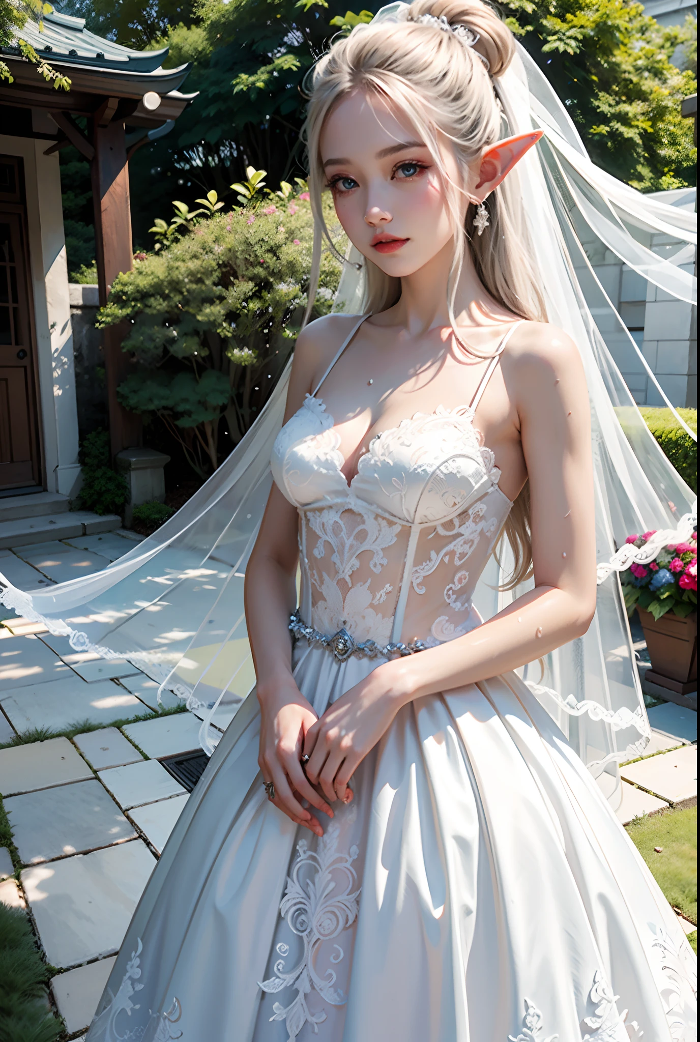 8K分辨率、(top-quality)、(tmasterpiece)、(ultra - detailed)、1 Elf beauty、a matural female、unbelievable Ridiculous、(white wedding gown)、raining day、(Get wet)、Elf long ears、flor branca、Under the eaves、Sateen、neonlight、long white hair、hair-bun、Brightly Colored Eyes、Hands in pockets、Wedding dress、drippy,Normal body proportions,Normal posture