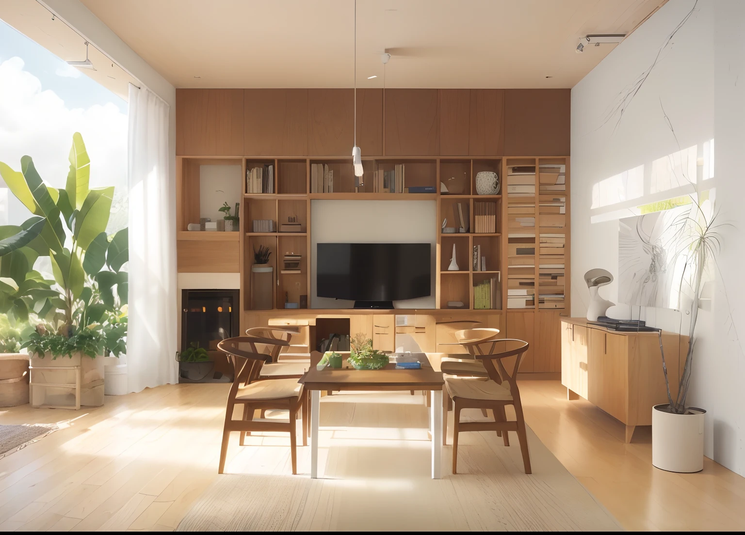 a sketch of a beautiful modern living room, (((foster and partners, artists impression, artistic impression, by Hamish MacDonald, by Carey Morris, by David Brewster, higher detailed illustration, by Helen Berman, an illustration, detailed illustration, by Nick Fudge, by Warren Mahy, artist's impression))), a red kitchen cabinet behind the white sofa, with minimal pictures on the wall, linen curtain next to the classroom window, coffee table, modern wood, ceiling with magnetic emissive lighting, white fabric PRB textures, wooden floor PRB texture,