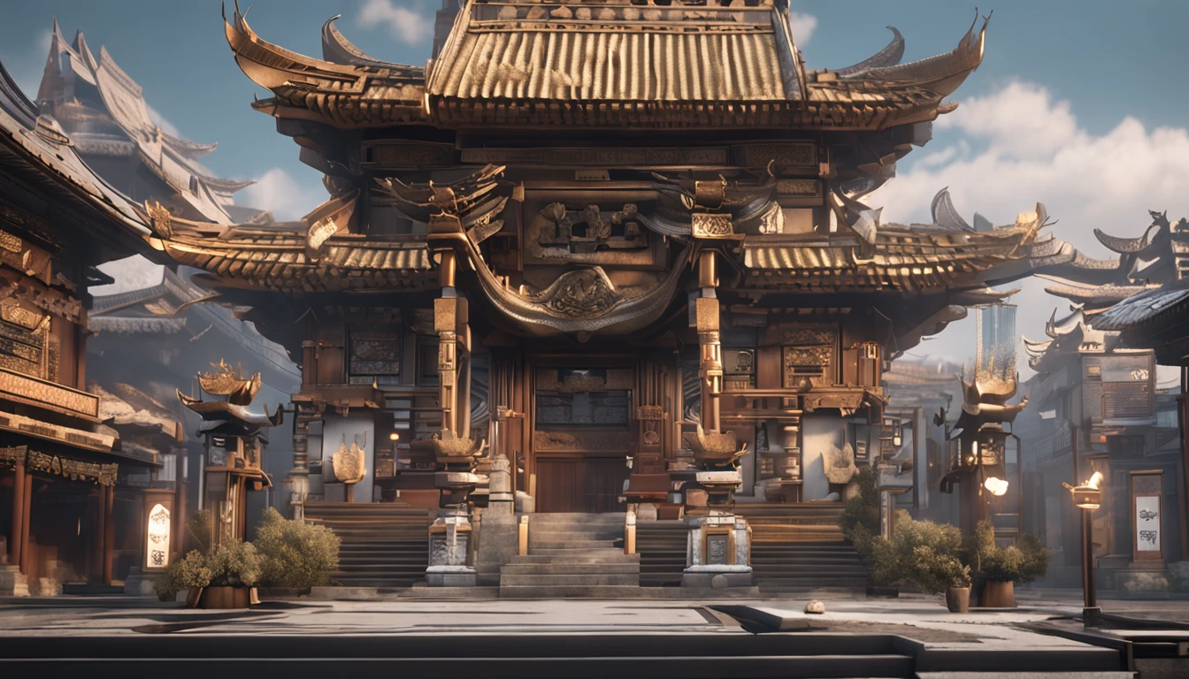 Modern City streets with Buildings, by Kishi Ganku, fantasy art, zen temple background, clean render, a horned, detailed bushido form smoke, forgotten deity, 8k realistic, in game render, detailed face background detail, art station front page, ox, pseudo-medieval fantasy, deity with koi design, detailed bronze design, bronze design, golden etched design, gold obsidian design, light gold design, ornate filigree design, demon, ornate covering covered in thorns, intricate assasin design, intricate metal design, clad in an ornate design adorned with intricate designs, boasting a large crest and two horns, all set against a dark, smoky backdrop suggestive of a battle scene, lending an ominous aura, (full view, full size)