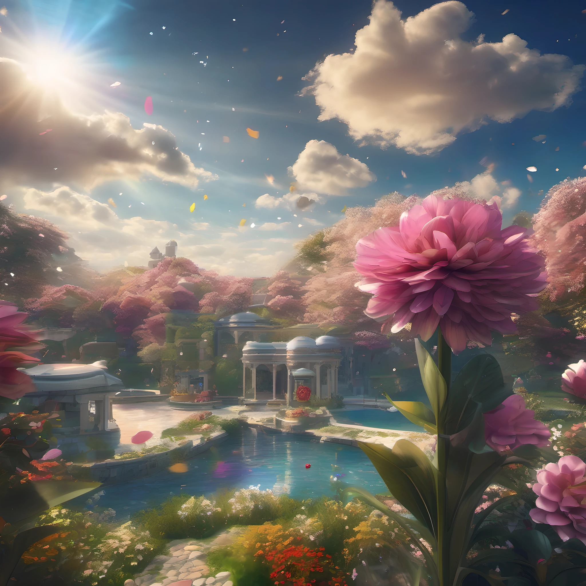 ccurate, best quality, masterpiece, UHD, high details, award winning, (Amazing:2.0), (Surrealism), Conceptual art, Verism, cinematic lighting, floating island in the sky, (((beautiful flower garden))), Horizon, blue sky, paradise scenery, flowers, wind flow, (((fantasy))), frontier, (magnificent space), blurry foreground, bokeh, Hasselblad, lens flare, beautiful school girl, (17 yr old), ((((full body)))), from behind, she moving, without looking at me, (((wearing school uniform))), black eyes, black hair, (floating hair), ((8 life size)), detailed hairstyles, detailed bodyline, anatomically correct, cute face, ((accurately portray her)),