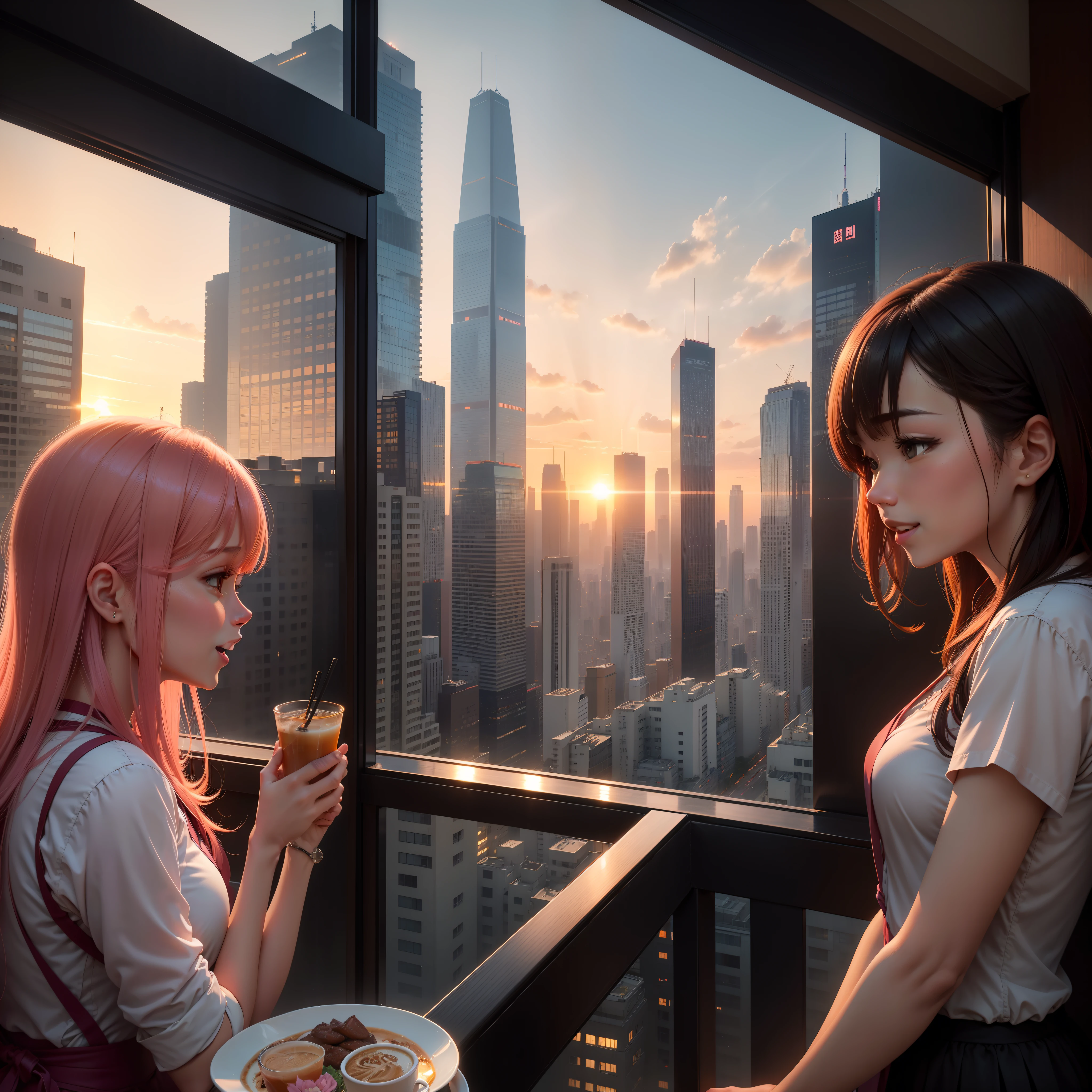 at the sunset, 城市, Skyscrapers, a person々Flow of, Building windows, Warm light, Walkway, a person々, cafe terrace, Friends, Laughing, Skysky, an orange, pink there, tints, Urban hustle and bustle, Beautiful sunset, harmony