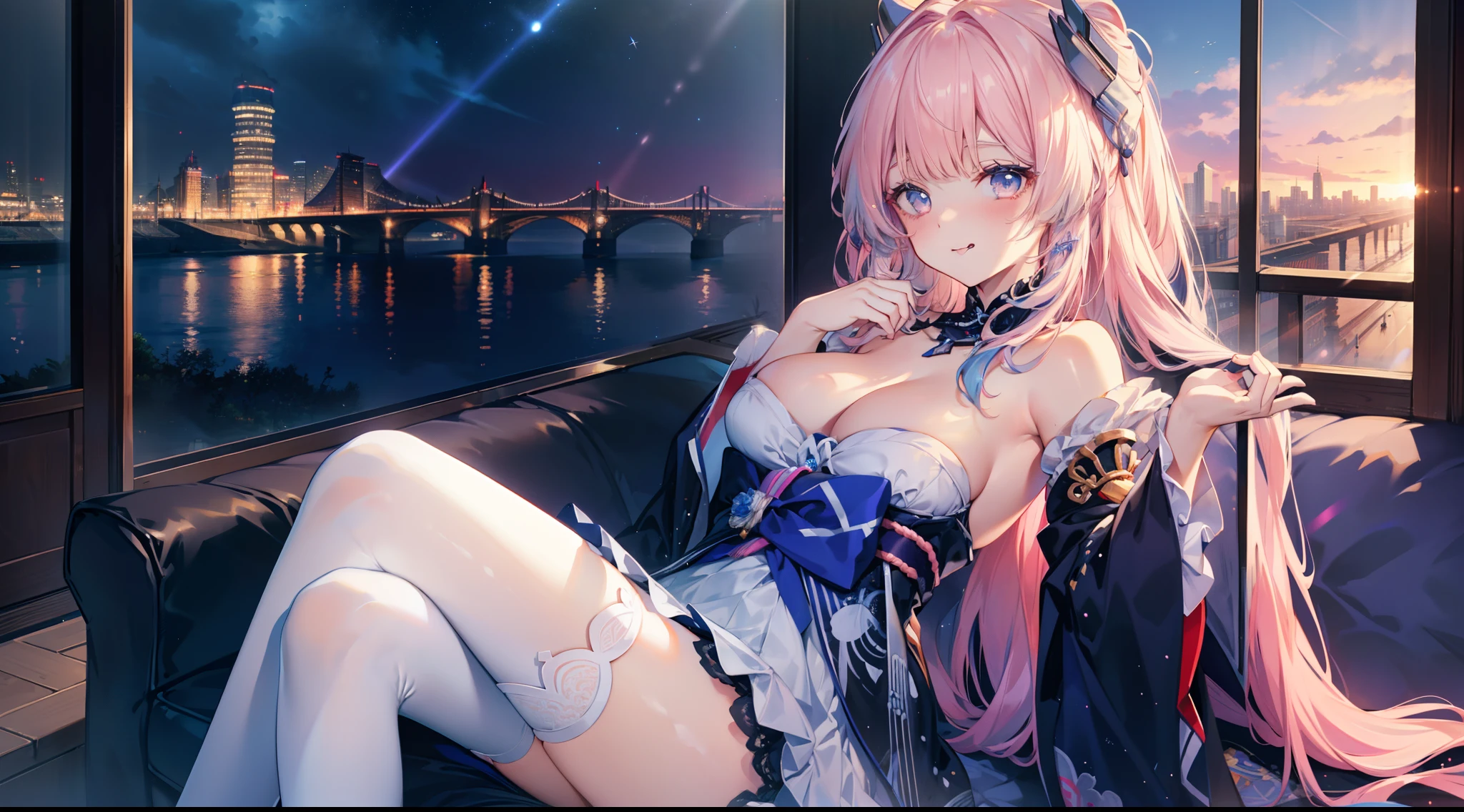 Official fine art,tmasterpiece,Sharp focus,,Delicate and beautiful hair and eyes and face,realisticlying,ultra - detailed,a beauty girl,blue-sky,Glowing white particles,(side-lighting:1.2),rays of sunshine,baiyun,Detailed clouds,Slender,Cute big breasts and big buttocks,Toothy laughter,((Laugh and open your eyes)),scenecy,Long straight hair, sexy facial expression, buliding, (Cityscape:1.7), Dynamic hair, Long straight hair, Delicate platinum-pink hair, glow blue eyes, (blue pleated shirt+white skirt), Long white socks, paleskin, hair adornments, epic landscapes,deep in the night,I pushed open the door of the neighbor's aunt,She lay on the backrest chair,Secretly watch a small movie,Masterpiece, Best quality, A high resolution, Ah 4, long white hair, Japanese clothes, Bare shoulders, white thighhighs, Hair ribbon, Large breasts, forest, standing, Cowboy shot,make,2 girls,tongue kissing,Breast-to-breast contact,2girls,(Lady:1.2), ((Extremely detailed face, Hair, skin, Eyes)), hdr, 4K, 16k, 32K, 64k, 128k, 256k, 512k, Asymmetrical balance, teas, FXAA, Anti – Aliasing, Intricate details, Fantastic, magic, Light rays, Ray traching, post-proces, eyeslashes, (eye shadows), eyes liner, mascara, Makeup, Yuri, (Thighs:0.8) NSFW, Dynamic Angle(Large breasts),tongue kissing,grabbing breast,Hanfu,High heels