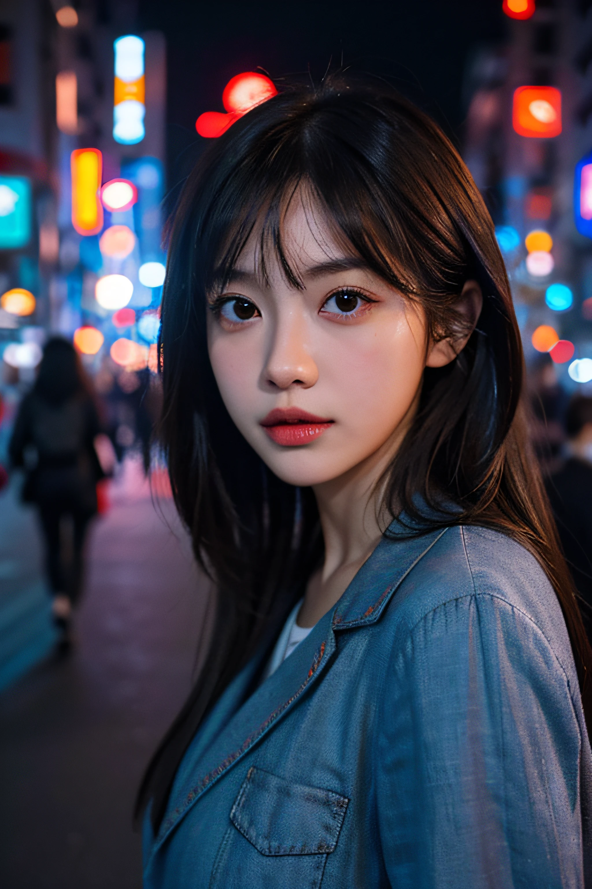 1girl, Tokyo street,night, cityscape,city lights, upper body,close-up, 8k, RAW photo, best quality, masterpiece,realistic, photo-realistic,