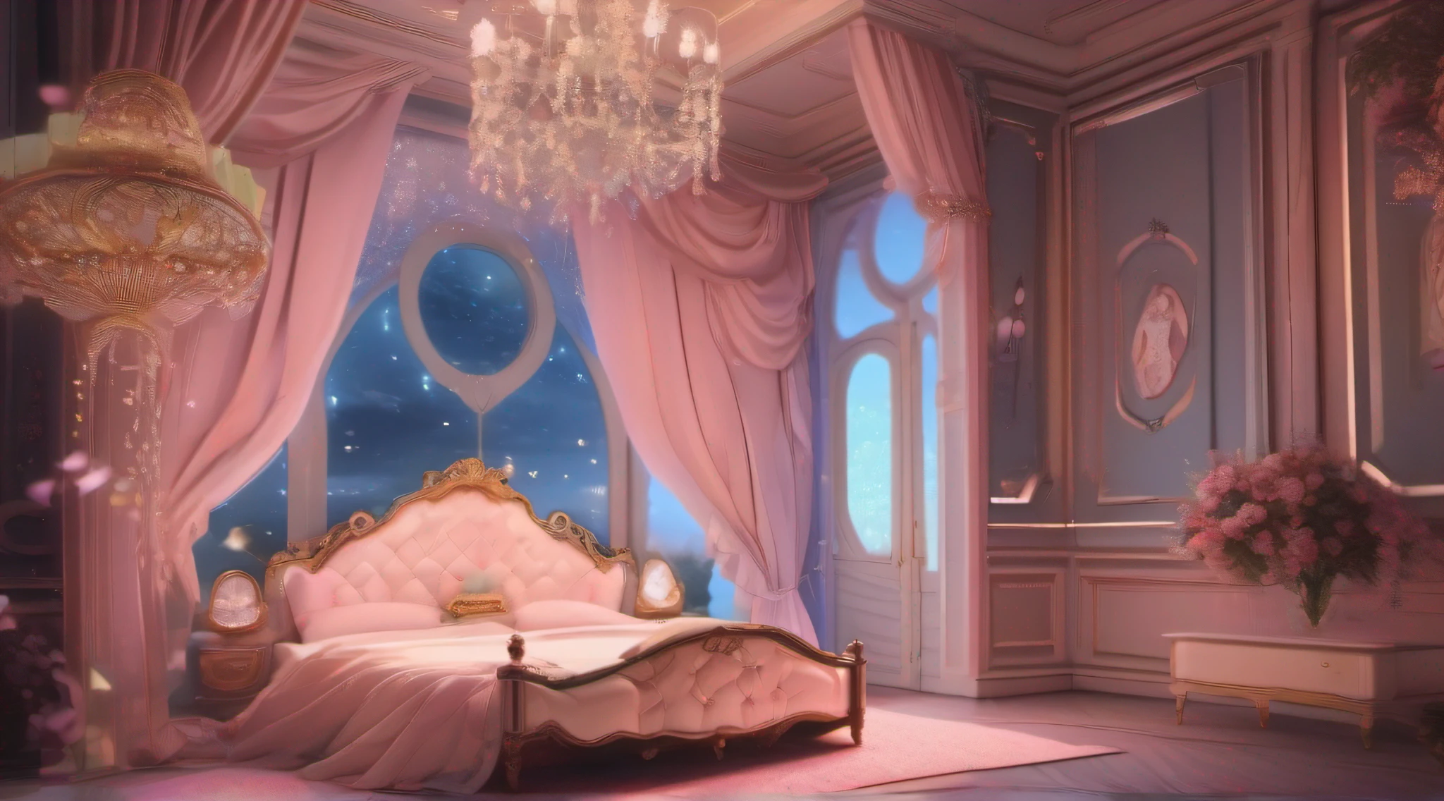 At night, the moon, many stars,the princess room has a beautiful double bed, two white pillows, a white blanket, a landscape painting by the bed, pink curtains,,The walls are pink and light blue,filled with a lovely atmosphere of a princess, dreamy,The room is lit up,
Rich in details, high-quality, 4K,
abstract, shattered glass pieces,past to future, complicated environment, distortion,