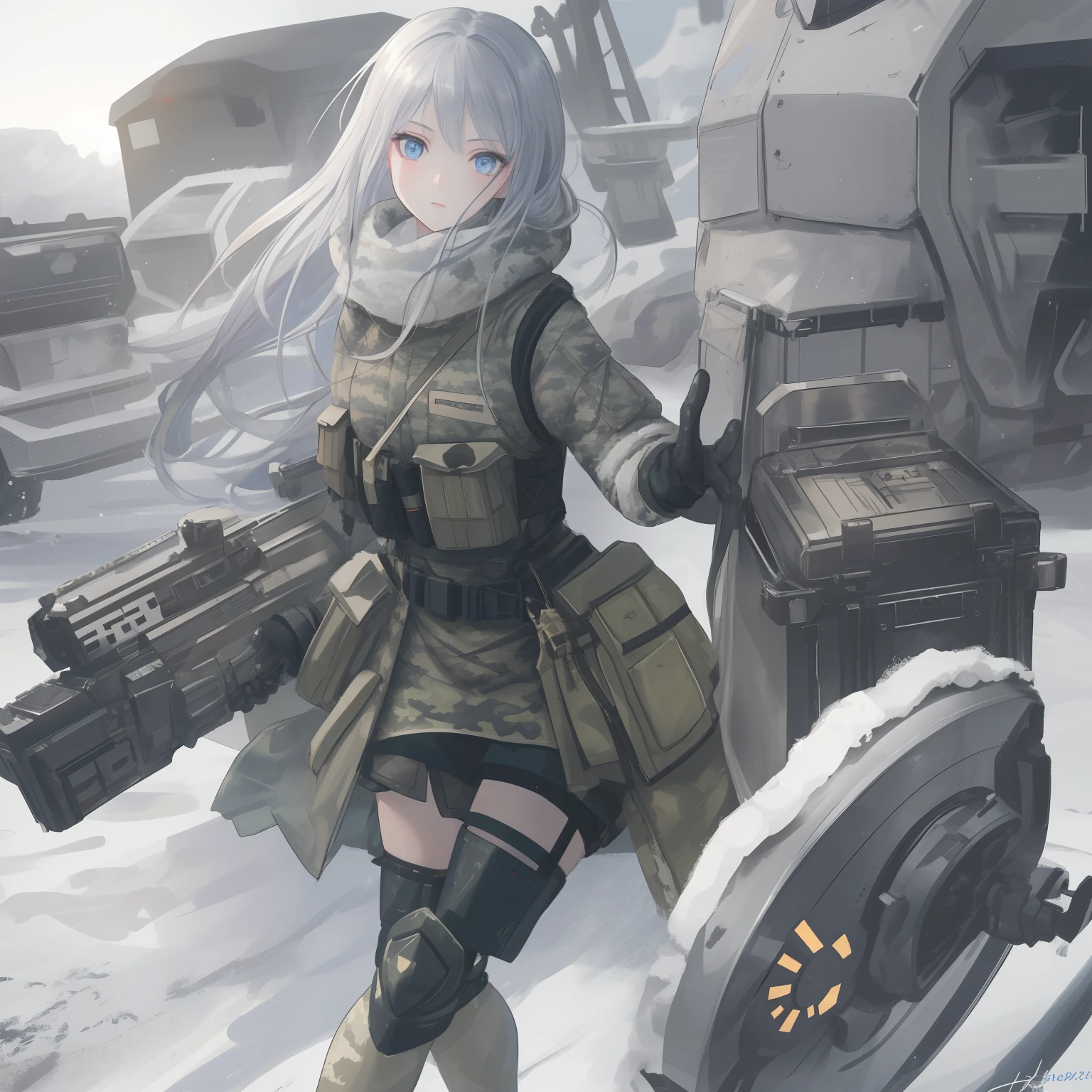 1girl, alpha1918, military clothes, medals, white hair, curls, (tank at background), at full size, boots, armored vehicle, military vehicle, winter forest, snow, snowfall