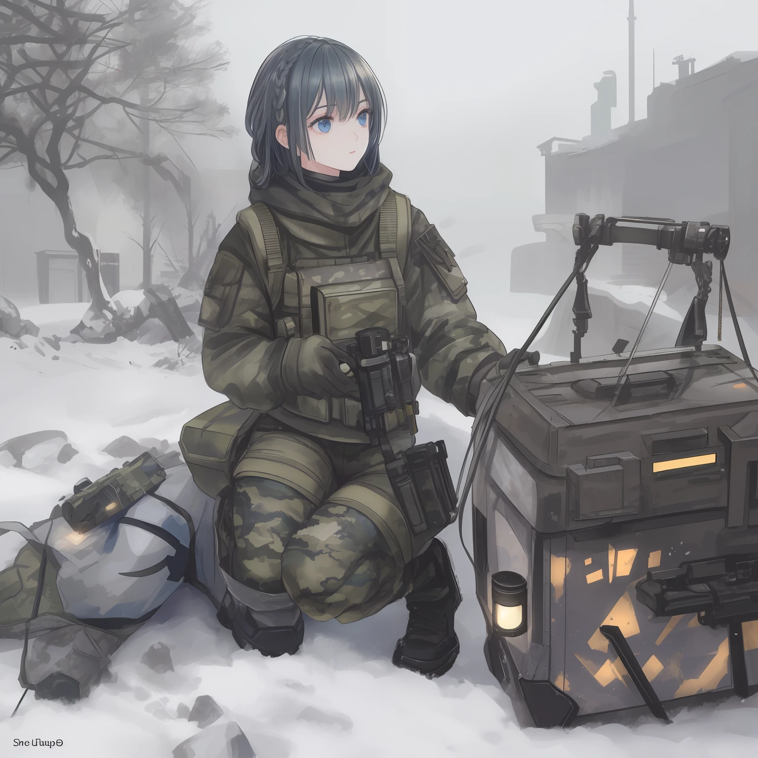 (Photorealistic), Beautiful lighting, Best quality, Realistic, Full body portrait, Real picture, Intricate details, Depth of field, 1girll, In a cold blizzard, A girl with a very muscular hairstyle, Wear a winter camouflage military uniform, Camouflage plate bracket drilling rig, Combat gloves, (Luggage shop), (Knee protectors), highly detailed, Perfect face, Blue eyes, Lips, Wide hips, Small waist, Tall, make up, Tacticool, Fujifilm XT3, Outdoors, Bright day, Beautiful lighting, RAW photo, 8K UHD, filmgrain, ((Bokeh))