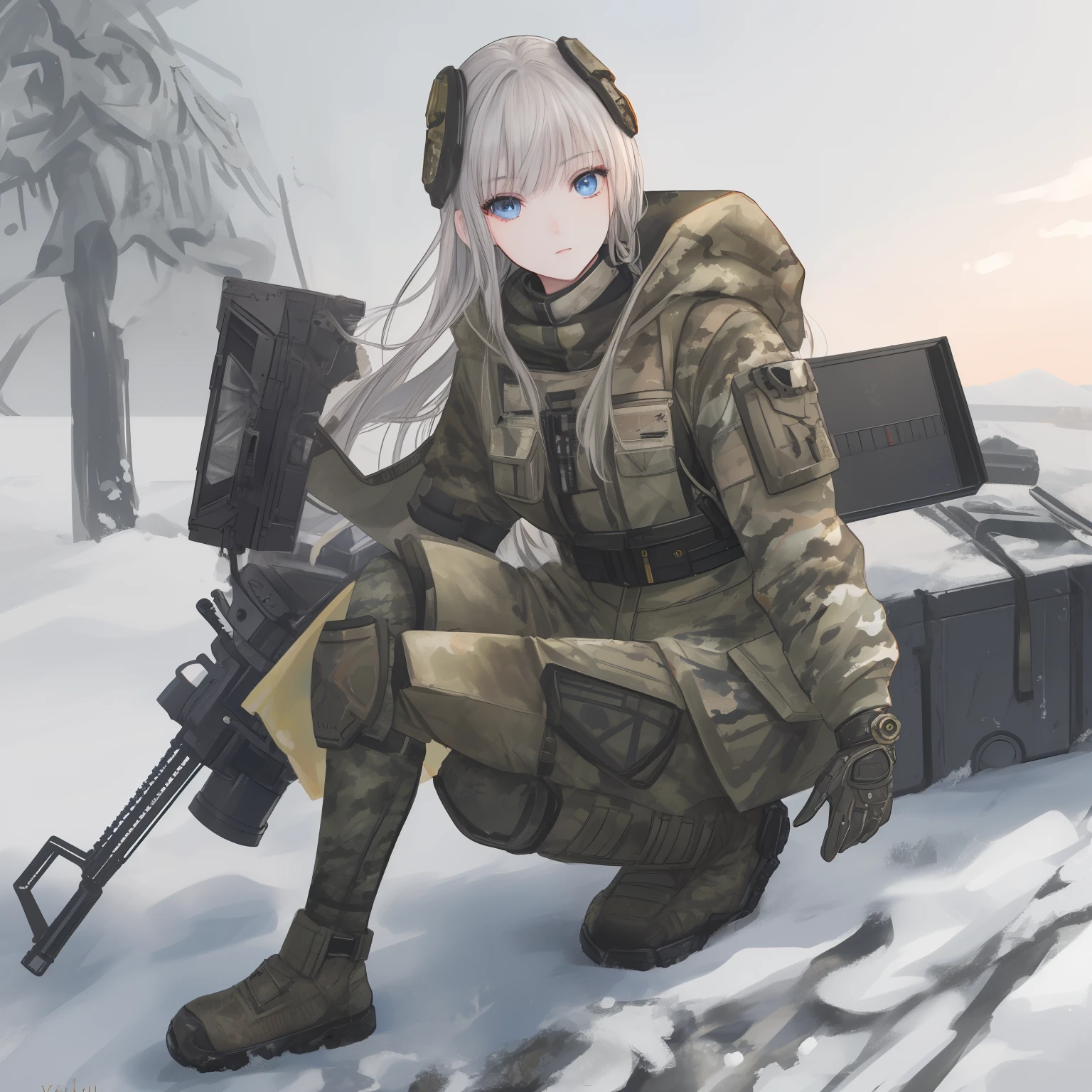 (Photorealistic), Beautiful lighting, Best quality, Realistic, Full body portrait, Real picture, Intricate details, Depth of field, 1girll, In a cold blizzard, A girl with a very muscular hairstyle, Wear a winter camouflage military uniform, Camouflage plate bracket drilling rig, Combat gloves, (Luggage shop), (Knee protectors), highly detailed, Perfect face, Blue eyes, Lips, Wide hips, Small waist, Tall, make up, Tacticool, Fujifilm XT3, Outdoors, Bright day, Beautiful lighting, RAW photo, 8K UHD, filmgrain, ((Bokeh))