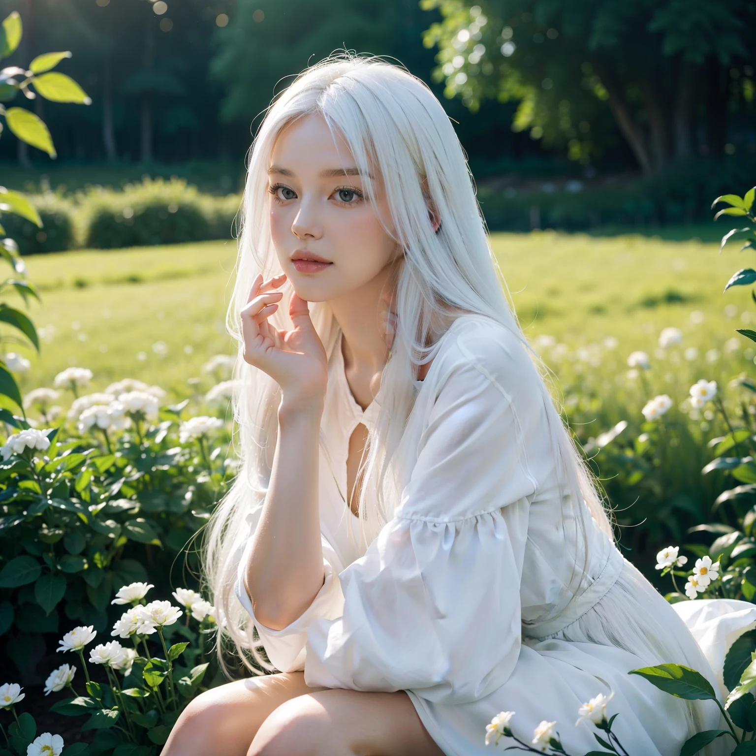 (masterpiece, best quality),1girl with long white hair sitting in a field of green plants and flowers, her hand under her chin, warm lighting, white dress, blurry foreground