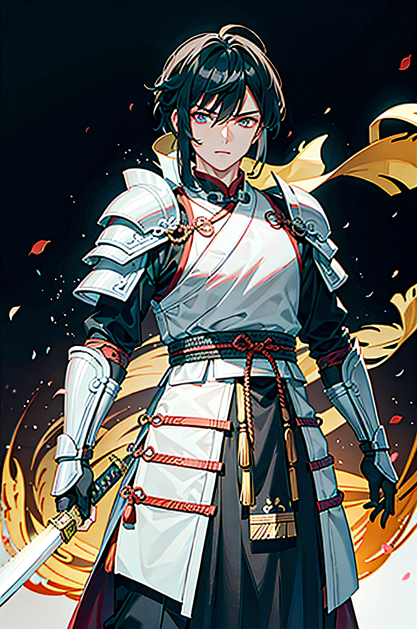 Handsome ancient Chinese general,is dressed in armor,long sword,The background is the battlefield,Chinese style, Ancient Chinese, Black hair, The eye, Long bangs, Handsome, Masculine, gentle,,