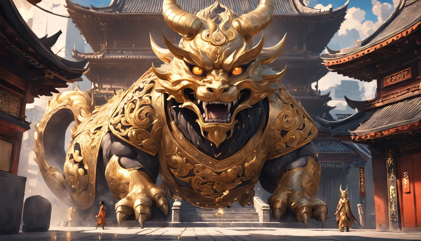 Modern City street with Buildings, by Kishi Ganku, fantasy art, zen temple background, clean render, a horned, detailed bushido form smoke, forgotten deity, 8k realistic, in game render, detailed face background detail, art station front page, ox, pseudo-medieval fantasy, deity with koi design, detailed bronze design, bronze design, golden etched design, gold obsidian design, light gold design, ornate filigree design, demon, ornate covering covered in thorns, intricate assasin design, intricate metal design, clad in an ornate design adorned with intricate designs, boasting a large crest and two horns, all set against a dark, smoky backdrop suggestive of a battle scene, lending an ominous aura, (full view, full size)