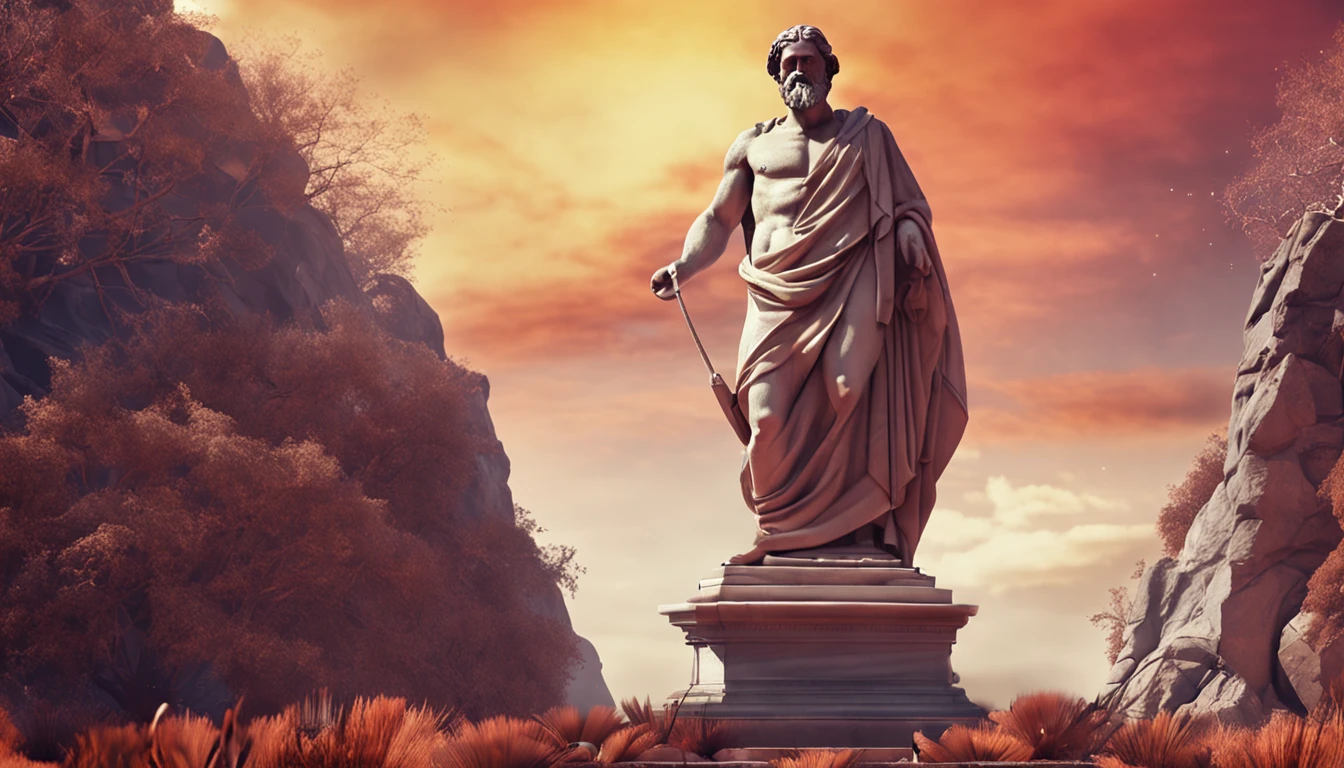 Arafed statue of a man with a sword in a rocky area - SeaArt AI