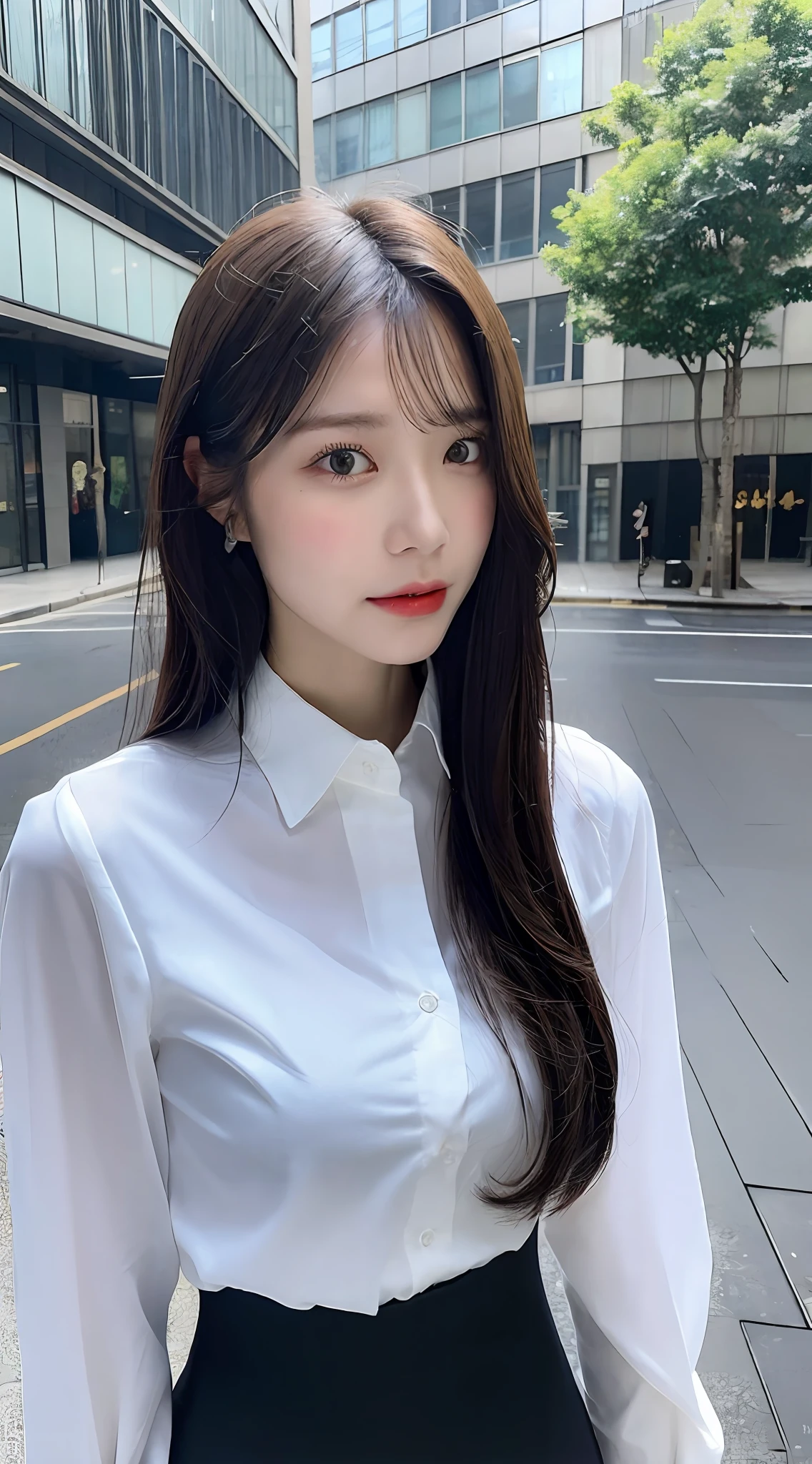 ((Best Quality, 8K, masutepiece :1.3)), Sharp Focus :1.2, A pretty woman with perfect figure :1.4, Slender Abs :1.2, ((Layered longhair, Big breasts :1.2)), (White button up long shirt :1.3), Office wear, White shirt, Mini Very Short Black Skirt (a sultry) ((agitation: 1.5)), Night: 1.5, (Black pantyhose), Open Shirt Show , Rain :1.1, Street:1.3, Highly detailed face and skin texture, Detailed eyes, 二重まぶた