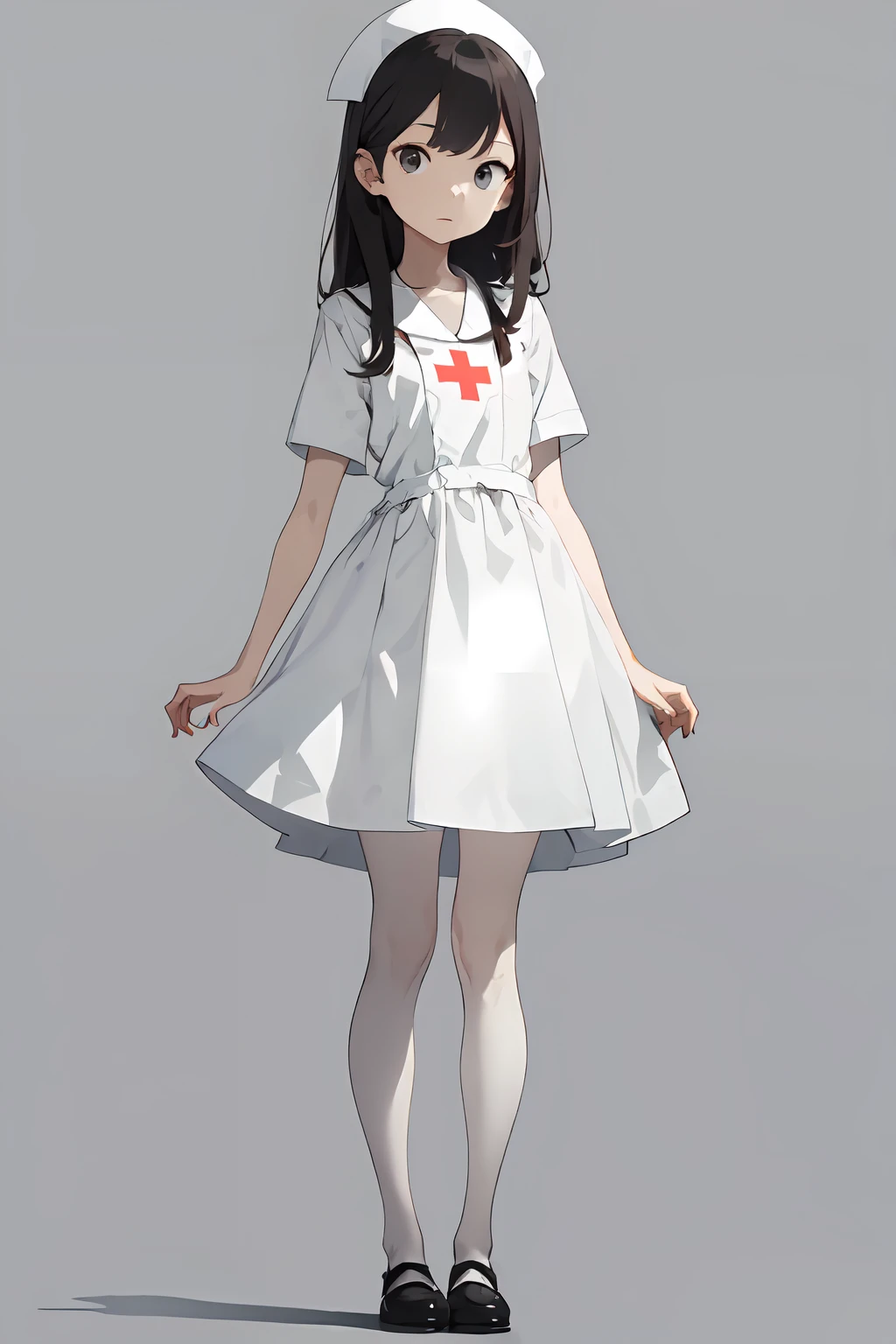 masterpiece, best quality, 1girl, nurse, white dress, ((grey background)), ((full body)), (standing), bad-hands-5, vile_prompt3