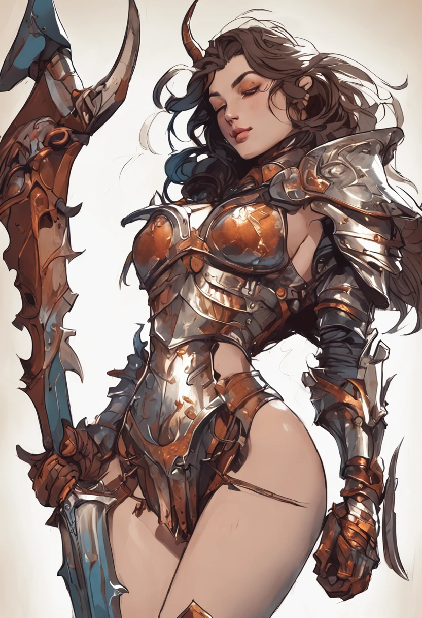 female knight, rusty armor, undressing pose, movie quality, masterpieces, perfect body shape, sexy aura, succubus