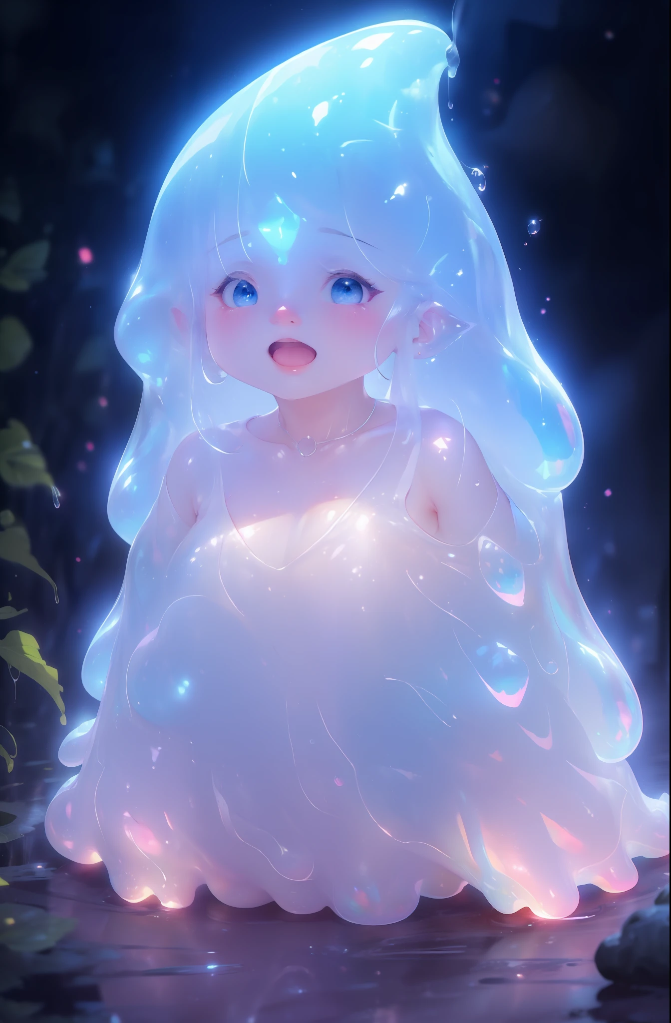 (A stunning and ethereal slime queen :1.2) holding mini slimes, hyper photorealistic, full-body view, Cuteness Pop Horror Style, sexy,lewd, beautiful, hottie slime in colorful-transparent slime costume, Wet white and light white micro mini bikini, Bare, Bare, Heavenly Nightmare, ultra-detailliert ( various pose and expression)1 girl 18, volumetric light, (lens flare:0.7), (bloom:0.7), particle effects, raytracing, cinematic lighting, Background: bioluminescence slime , slimes