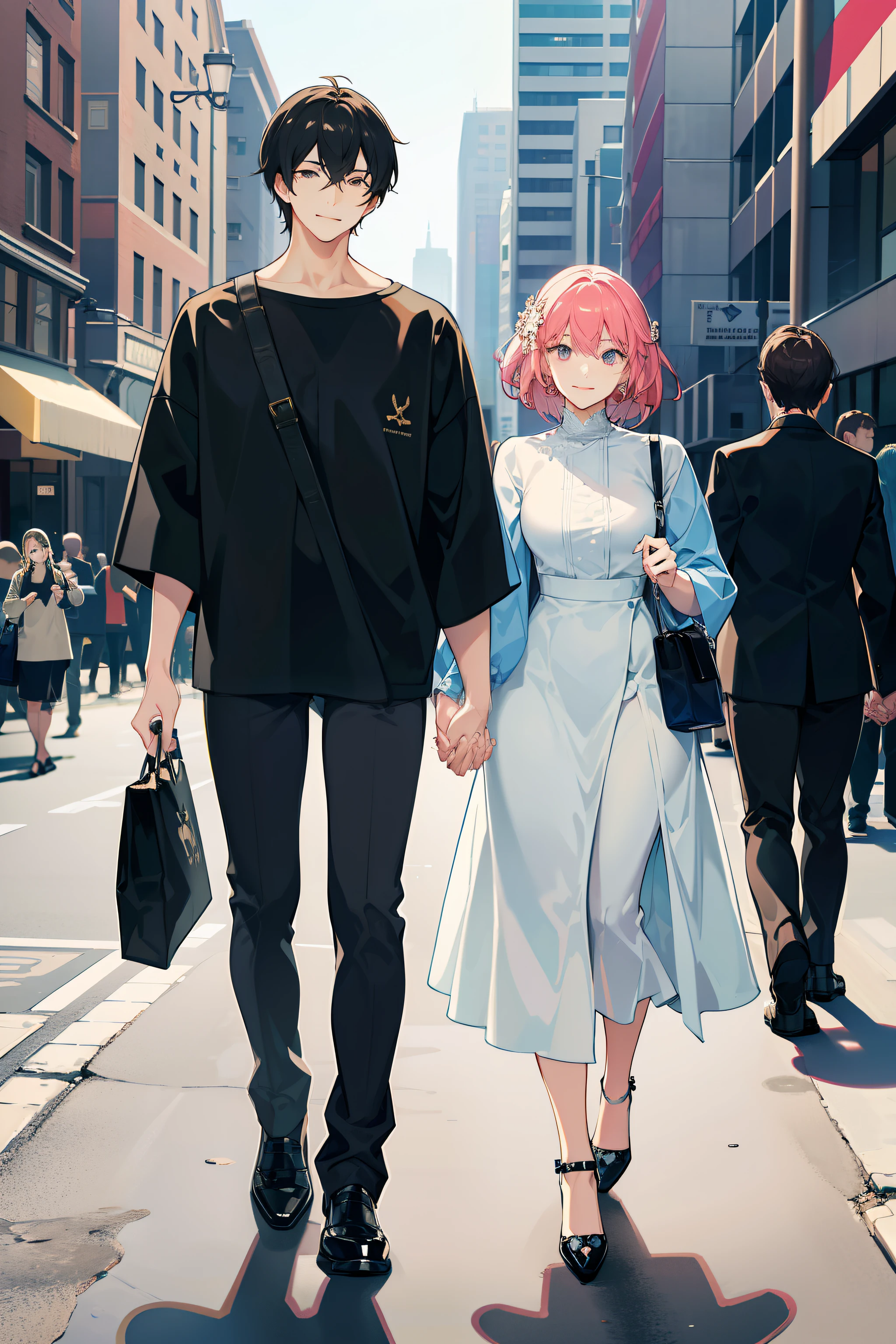 masterpiece, best quality, 2others, couple, 1man with 1woman, mature, adult, Height difference, different fashion, different color, finely detailed eyes and detailed face, intricate details, casual clothes, oversized shirt, modern urban street, holding hands, smile, happy, love