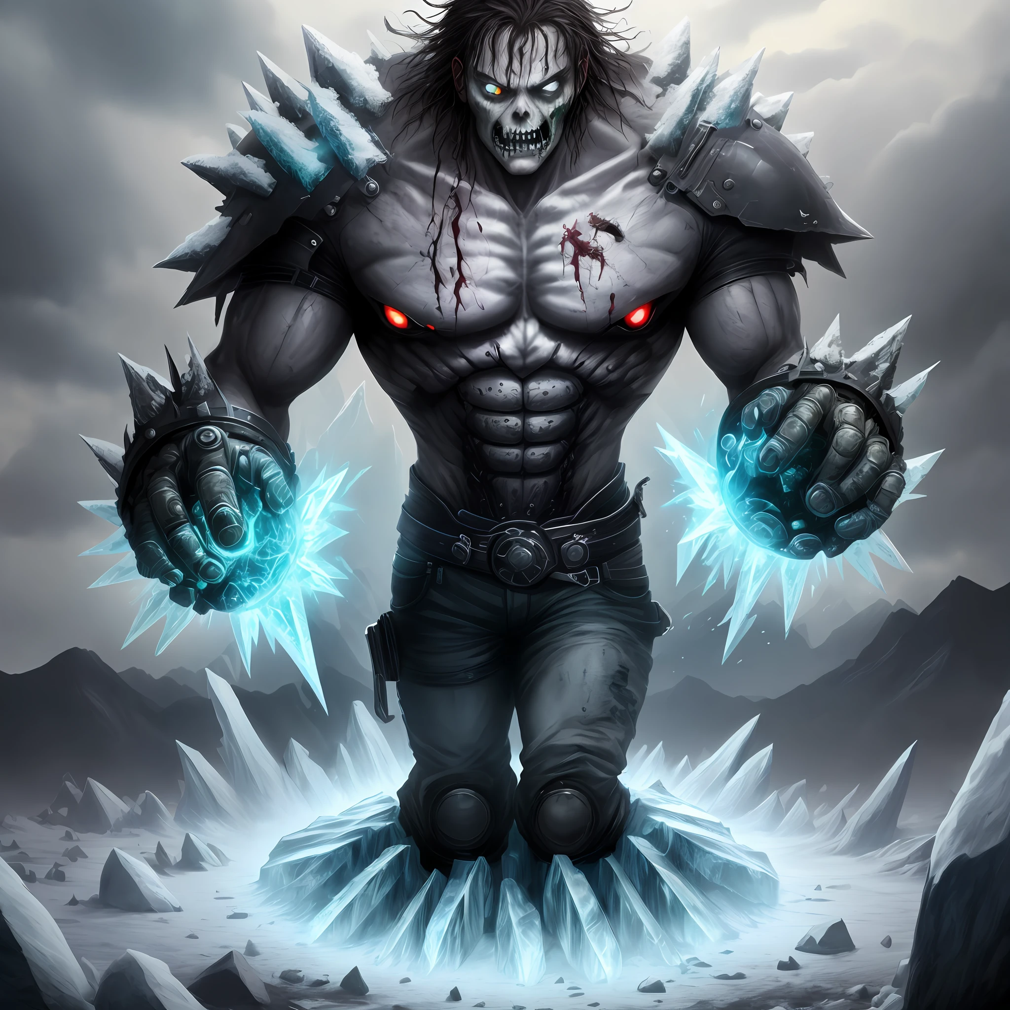 anime, 1 human man only, long black hair, standing, right wooden hand, left ice hand, right fire foot, left skeleton foot