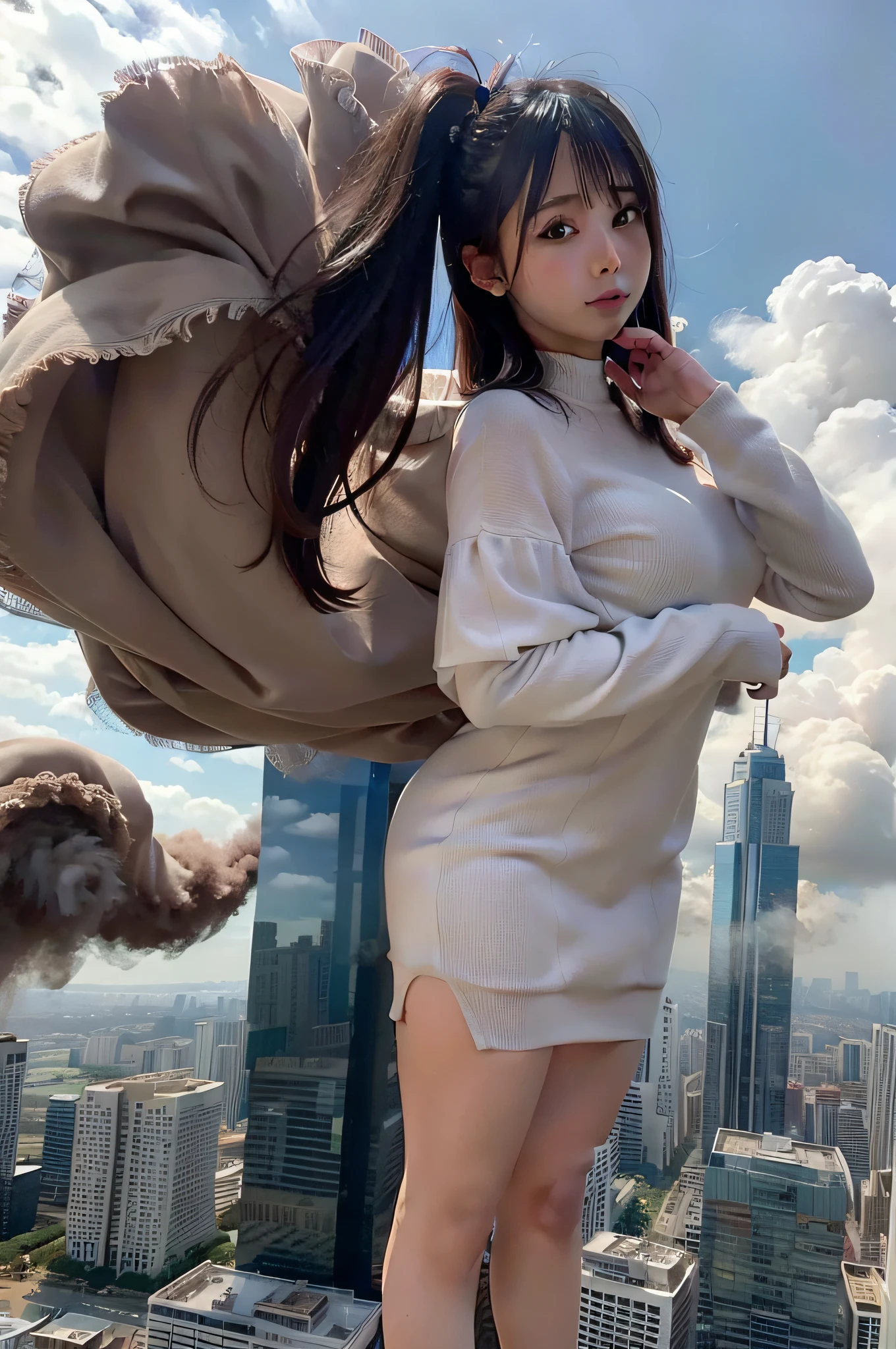 Giantess usando vestido curto, GTS cidade do ano 3000, City buildings, smoke billowing, nuvem, tornado, raios, Evil, realistic lighting, salto em altura, de baixo, aves voando,