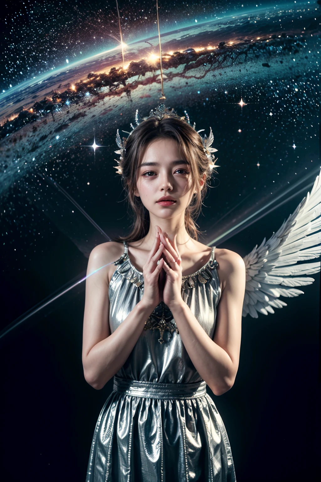 (masterpiece), (best quality:1.4), absurdres, [:intricate details:0.2], angel, angel wings, milky way, sky, shimmering aura, intense focus, crackling energy, mysterious symbols, sparkling motes,