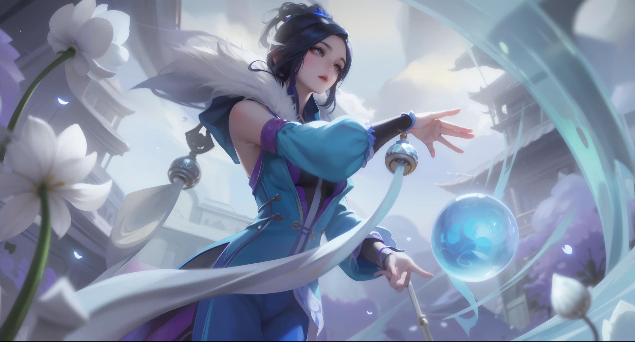 a woman in a blue dress holding a crystal ball in her hand, Irelia, Artgerm Plano, Maya Ali como um Mago do Vento, Yang Qi, yun ling, Li Zixin, Ruan Jia e Artgerm, Artgerm e Ruan Jia, inspirado em Ju Lian, a sorceress casting a ice ball, ultra detalhista, 8K FULL HD
