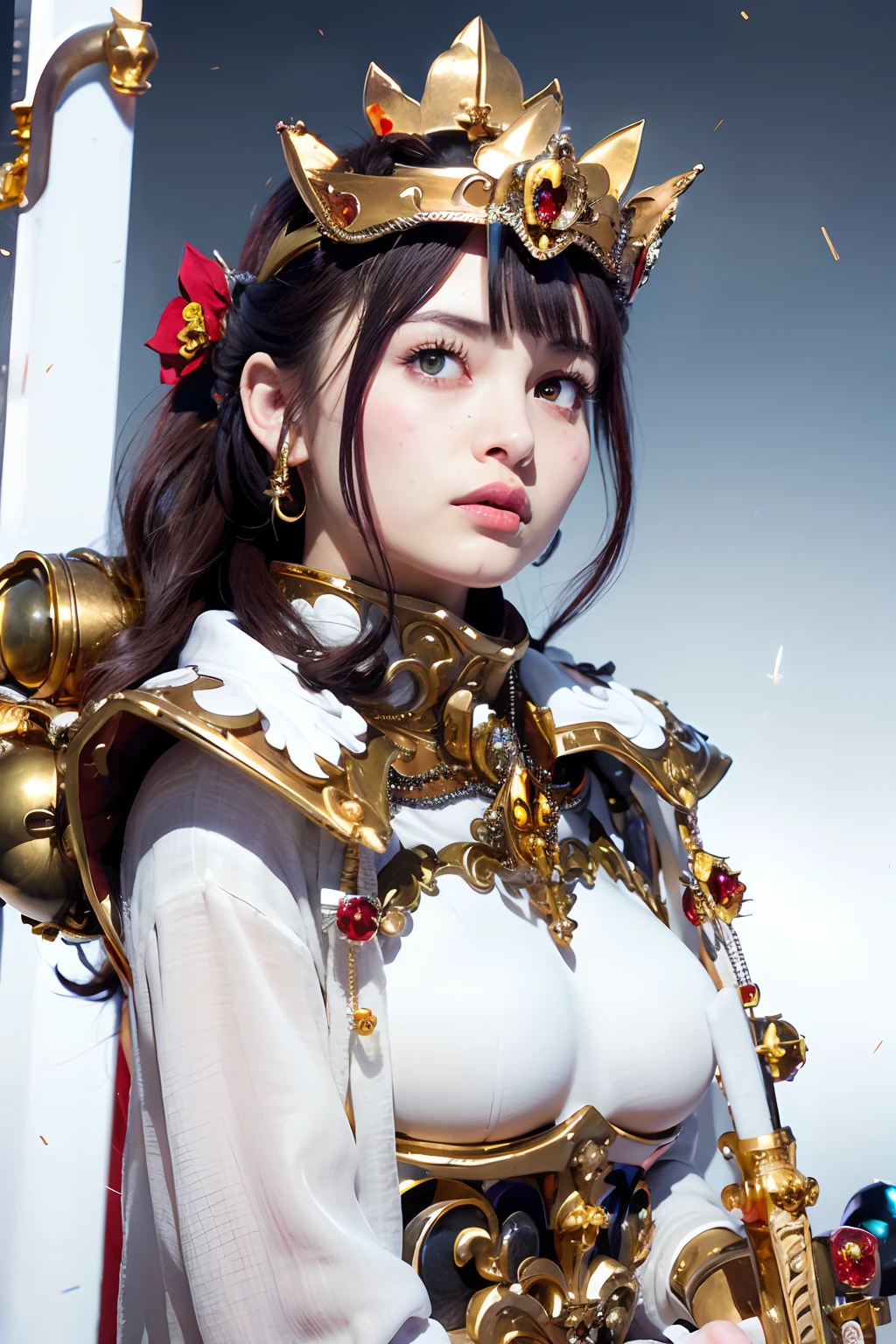 (masutepiece), Professional , masterpiece、top-quality、photos realistic , depth of fields ,(Wind element),close-up,dream magical,tornado,Lightning,(Gemstone Gold Jewel Body:1.9),(Matte White、Jewel Gold Weapon_(Gemstone Metal Body:1.4),Luminescent Luxury Jewel Metal Weapon ,(( Detailed Sword of the Brave)) , Black castle background ,warhammer 40k , adepta sororitas,Detail and ornate jewel crown、Brown hair、Gangle's forest background、Beautiful Caucasian beauty、1a person、dynamic ungle,(((Detailed and ornate diamond crown)))、Particles of light、cleavage of the breast、Battle Pose、