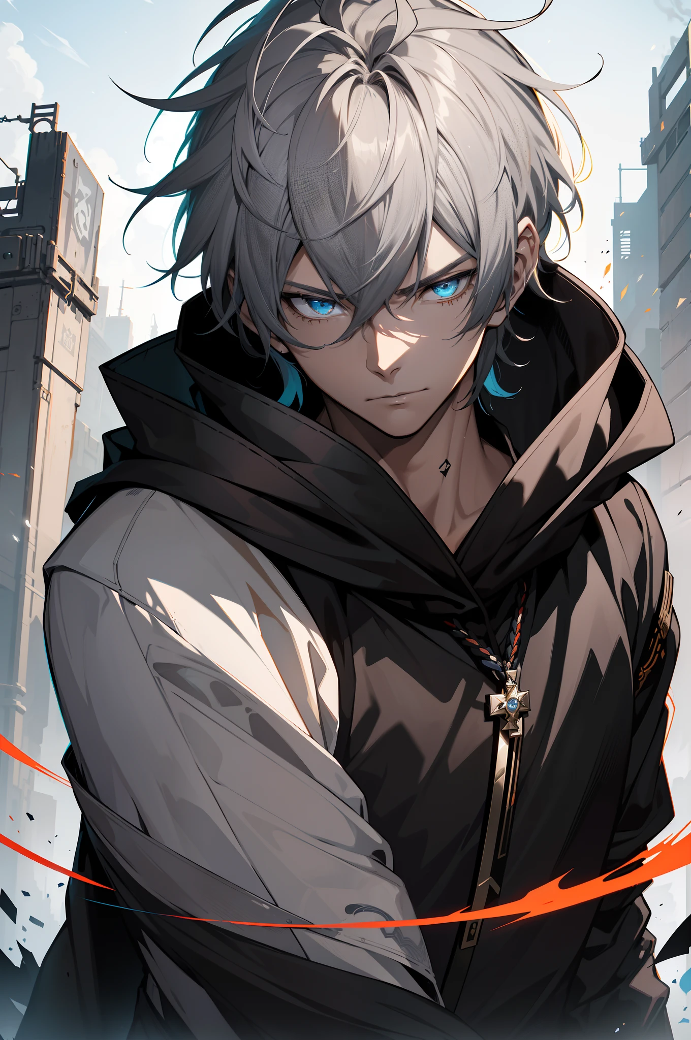Cyberpunk male,fansty world,background inside dark,Clean design,Epic Instagram,art stations,Colorful paint splashes,contours,Hyper-detailed intricate details,unreal-engine,fanciful,Complicated details,splash image,complementary colours,fantasy concept art,8K分辨率,A masterpiece of deviantart,oil painted,Heavy strokes,paint drips,(Isolate on a white background:1.3),Rainbow skins,(((A handsome young))), ((Teenage:1.5)), (glow blue eyes), ((Eyes have light)),((((Short gray hair:1.1))), ((black-clad)), (prinz\\(Indifferent expression\\),, (((Wearing a luxurious black robe with high details))), A head of white hair,Frost magic,((chest muscle) ,Anime characters armed with swords and blue light, Keqing from Genshin Impact, Detailed key anime art, handsome guy in demon killer art, Genshin impact's character, Detailed digital anime art, Genshin, Key anime art, detailed anime character art, Badass anime 8 K, nagito komaeda, Anime epic artwork, Anime fantasy illustration --v 6
