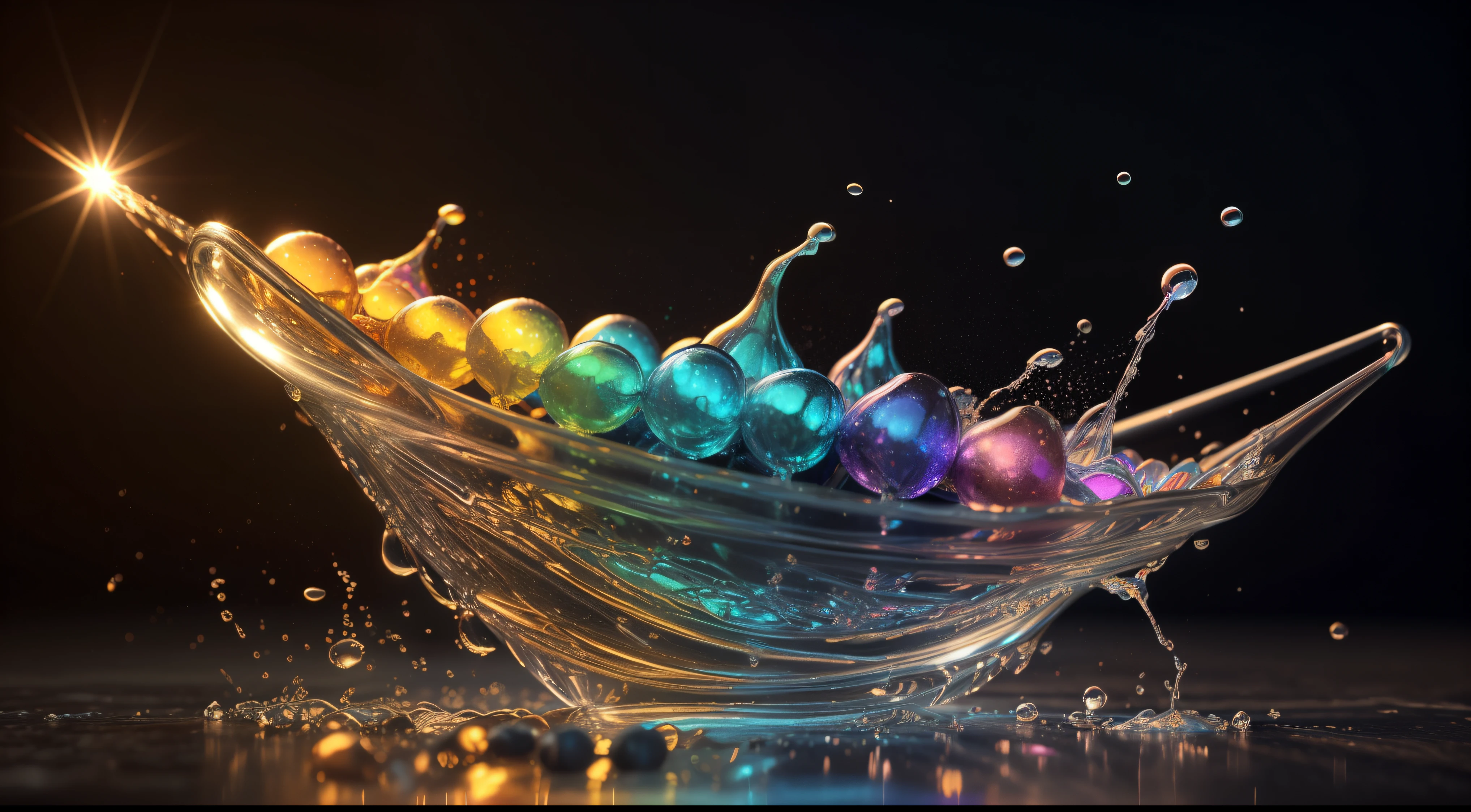 "Ultra-realistic 8k 3D rendering of vibrant multicolored water product design with dynamic magnificent splashes against stunning ocean background."