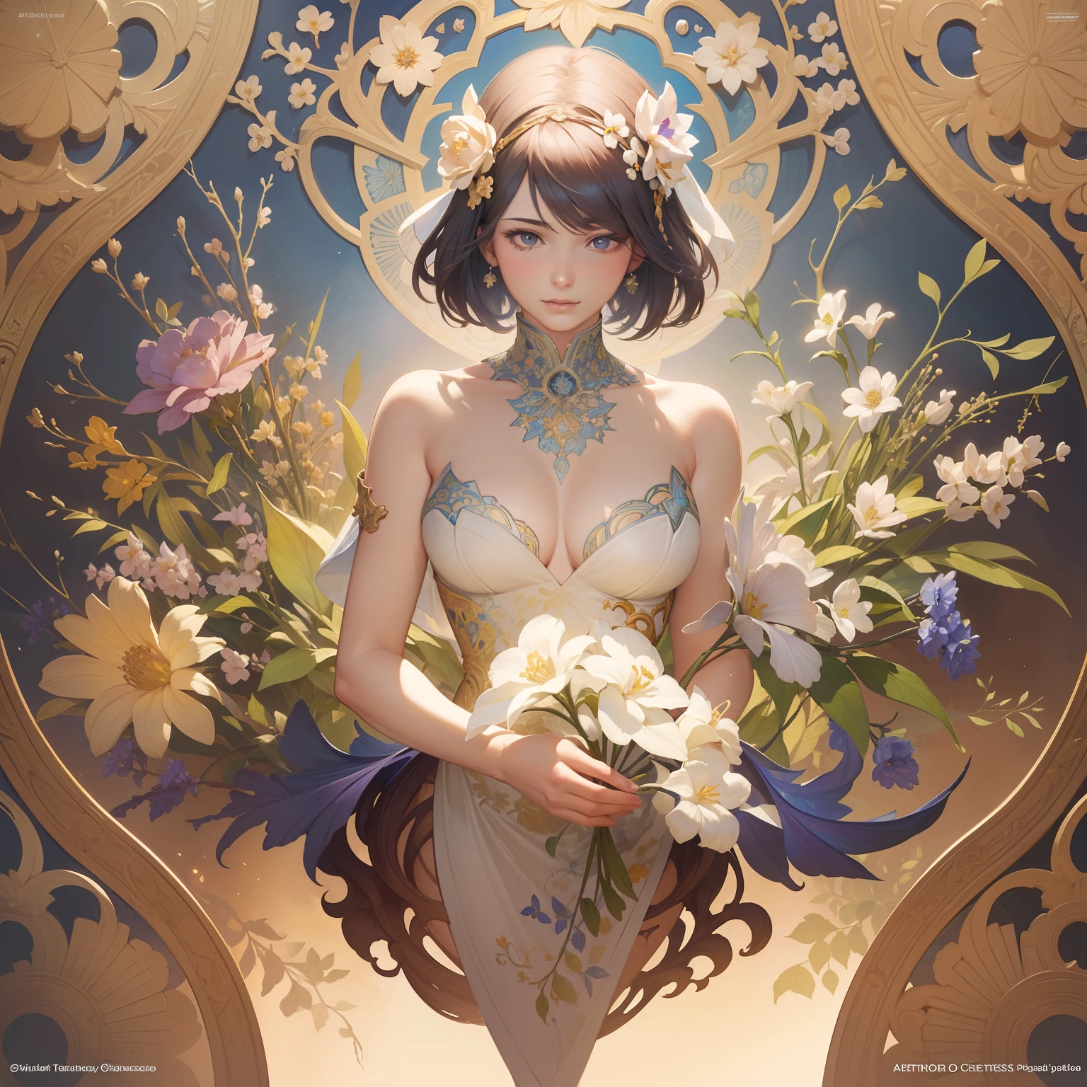 18th century Portuguese ceramic tile art, Draw beautiful flowers, Convoluted, Elegant, Highly detailed, Concept art, sleeoing, art by artgerm and greg rutkowski and alphonse mucha, Irridescent color, paper art
