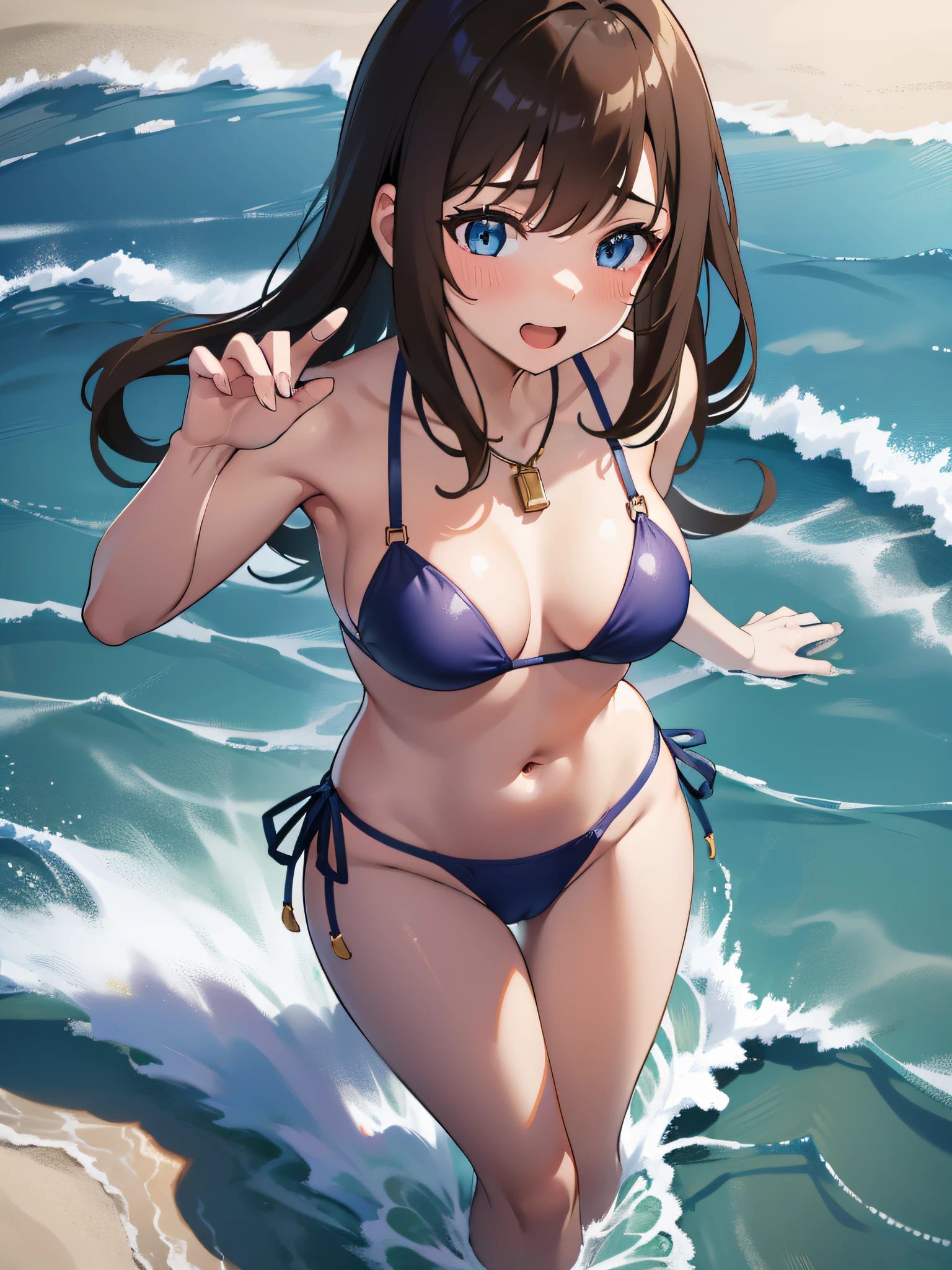 Draw a beautiful 16-year-old girl spending time on the beach。She is a high school student and short in stature、Has long brown hair and blue vivid eyes。Also she is elegant and、has a natural body shape。Her breasts were sized to match her slender figure。Shows feminine shape without being too big。She wears a summery bikini。Her expression is blushing and shyly smiling。Her eyes are slightly downward。She sits triangular on a white sandy beach with a leisure sheet。The pose is relaxing。 A highly detailed、mare、Eau、Splash、Sun'rays、Skysky、 1girl in、独奏、Midou Miu、 looking at the viewers、slight smile、open open mouth、Standing、 Brown-eyed、brown haired、shorth hair、a necklace、Strip Bikini、Blue bikini、bare shoulders、highleg、