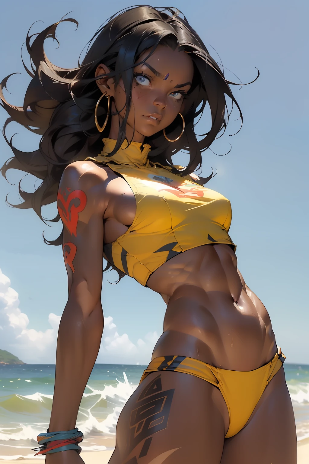 (((Simon Bisley))), (((Frank Frazetta))), (((absurdos))), (((melhor qualidade))), (((obra prima))), (((Ade Costas))), (((abunda perfeita empinada e musculosa)), mulher africana de 35 anos musculosa, guerreira Zulu, tatuagens de guerra pelo corpo, corpo perfeito e proporcional, Black-skinned savanna warrior wearing very few clothes, saia longa e muitos colares e adornos pelo corpo, cabelo raspado,e caminhando pela praia, muito calor, she is sweaty and her black skin glows under the scorching sun of Africa, cabelo crespo cacheado