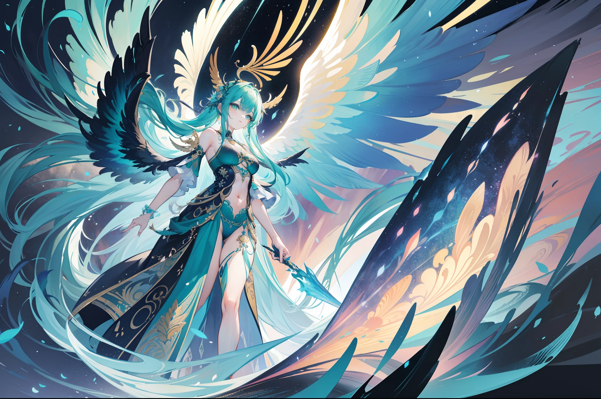 wings serpent, blazing rain, emerald feathers, be resourceful, transcendental have, fluttering petals, creation of heaven and earth, starlight, rich colors gradation, dark cyan and green, toon rendering, gel ink with fountain pen outline, pencil art drawing, oil paint ornate coloring, fantastic realism, associate 2d game art, professional art work, concept detailed art, multilayered, design a visually captivating image, detailed drawing, absurd resolution, ultra fine detailed skin, ultra quality, cinematic still, 16k, conceptual contrast, intricate surface detail,