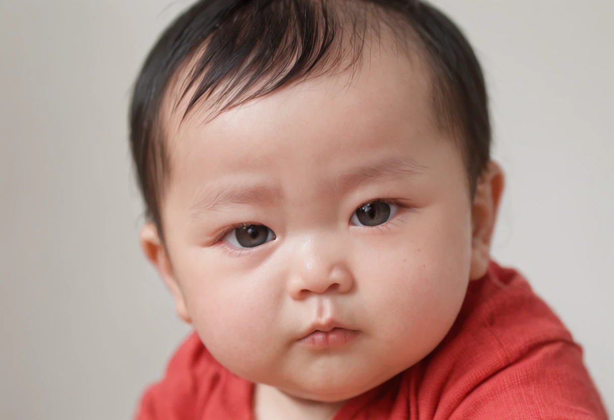 Sweet chubby，About 。The little red face in the white is round。The big head melon has a handful of black oily hair hanging down in a tuned manner，It was over his broad forehead。Those two faint、Below the short little eyebrows，There are eyes of water spirits。aaaaaaaaaax，What lively eyes，As if it could speak，He also showed a hint of mischievousness！There is a slightly upturned little nose under those beautiful eyes，There are also two small red lips。There is also a small bib around the body，On the bib is a blooming peony flower。The little hand of the meat dun holds a piece of watermelon with green skin and red skin。  Ultra-realistic photos, 8K reflections,4k image, Award-winning image, Excellent ray tracing,