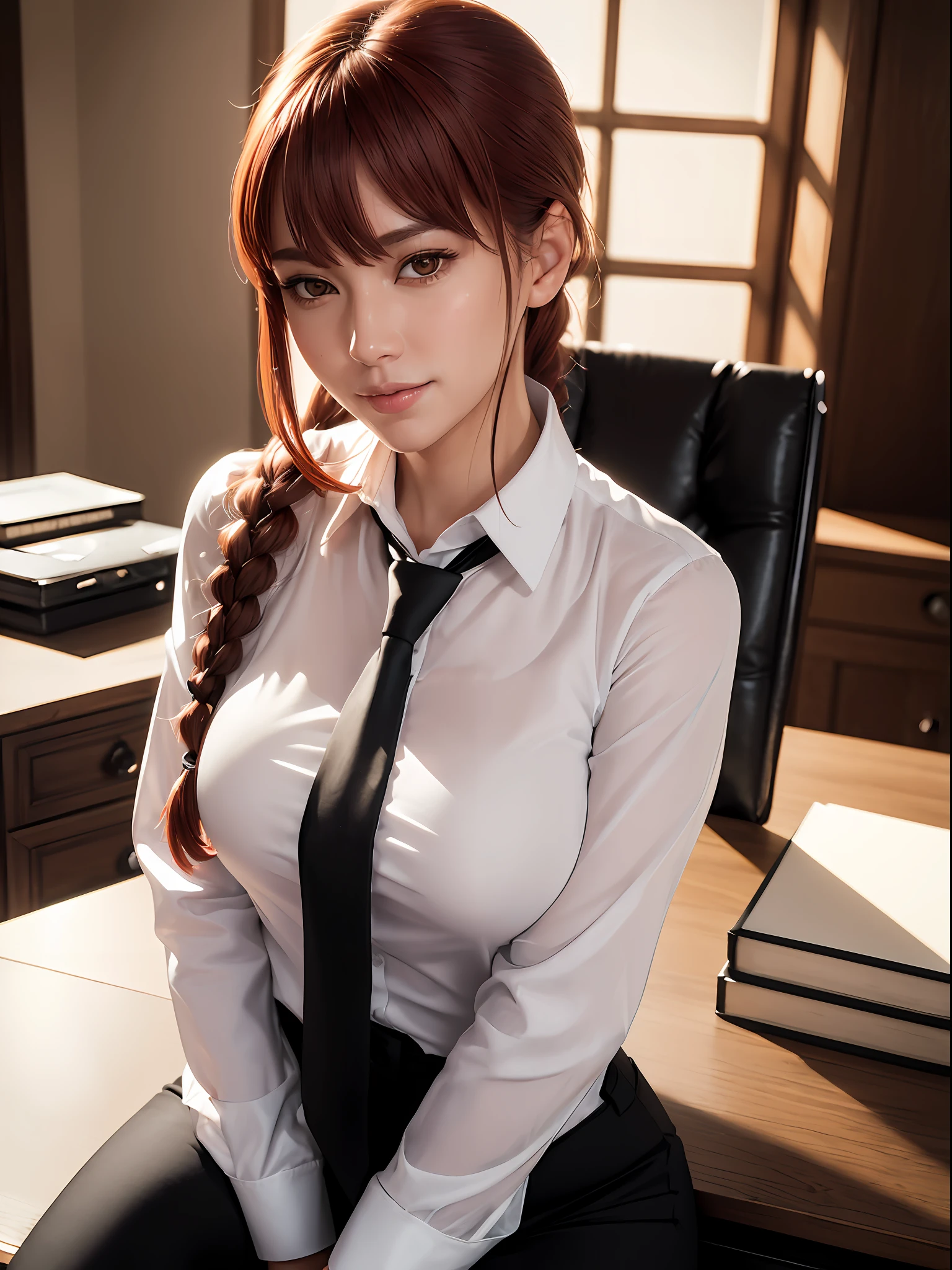 (masterpiece, best quality:1.4), (full body:1.5), (supported on a desk:1.5), makima \(chainsaw man\), 1girl, bangs, indoors, black necktie, black pants, braid, braided ponytail, collared shirt, highres, long hair, long sleeves, necktie, red hair, ringed eyes, shirt, sidelocks, solo, uniform, white shirt, yellow eyes, medium breasts, beautifull smile, beautiful face, highly detailed face, highly detailed eyes, highly detailed skin, skin pores, subsurface scattering, realistic pupils, full face blush, full lips, depth of field, volumetric lighting, sharp focus, absurdres, realistic proportions, good anatomy, (realistic, hyperrealistic:1.4), 16k hdr