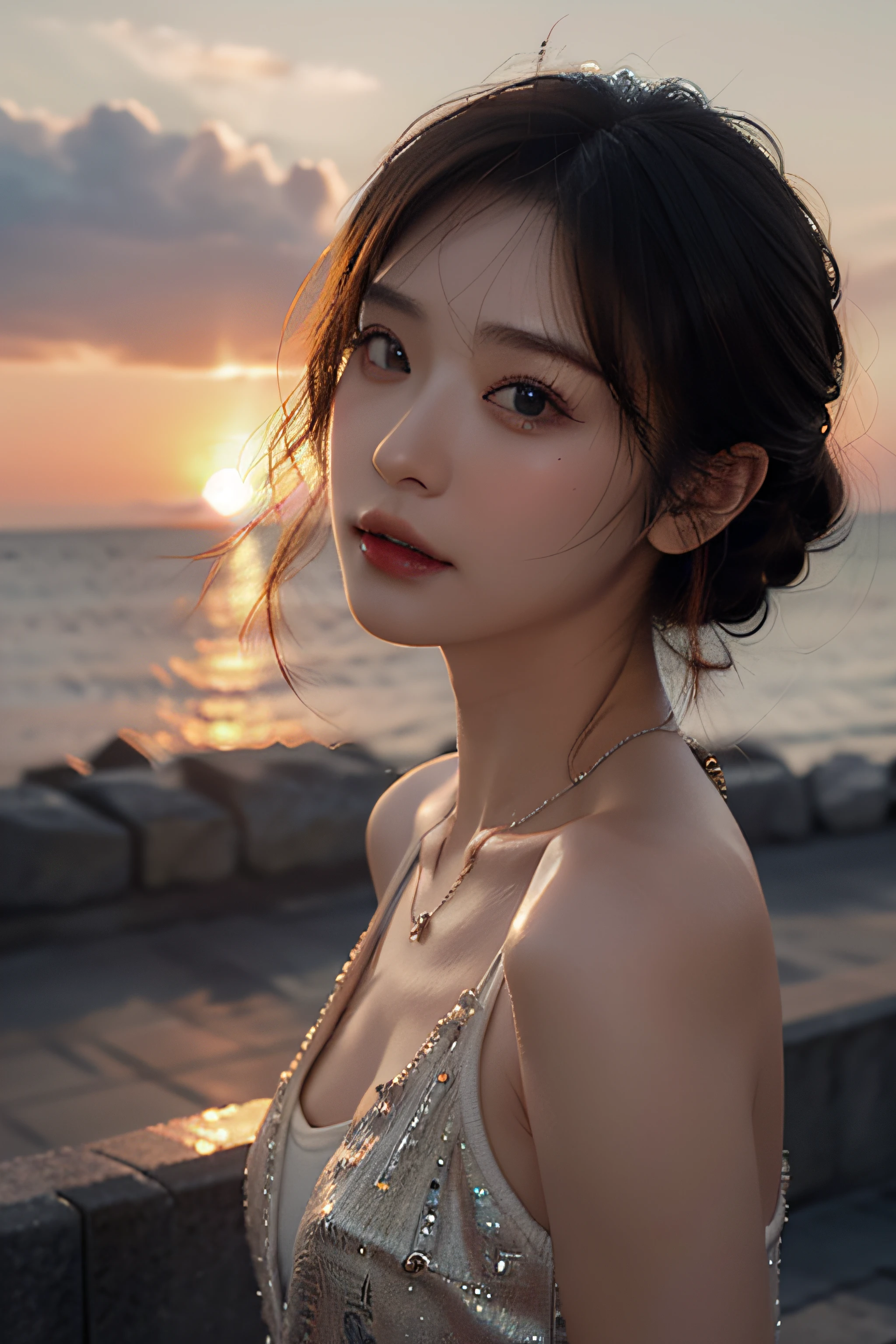 top-quality、tmasterpiece、超A high resolution、(hentail realism:1.4)、(True skin texture:1.3)、(Film grains:1.3)、in a panoramic view、porate、Very wide lens、closeup cleavage、Tindall effect、Perfect beautiful adult woman、Beautiful details for eyes and skin、ssmile、short detailed hair、Petite bust、small necklace、sleeveless shirts、Sea and sky at sunset、Sunset clouds、