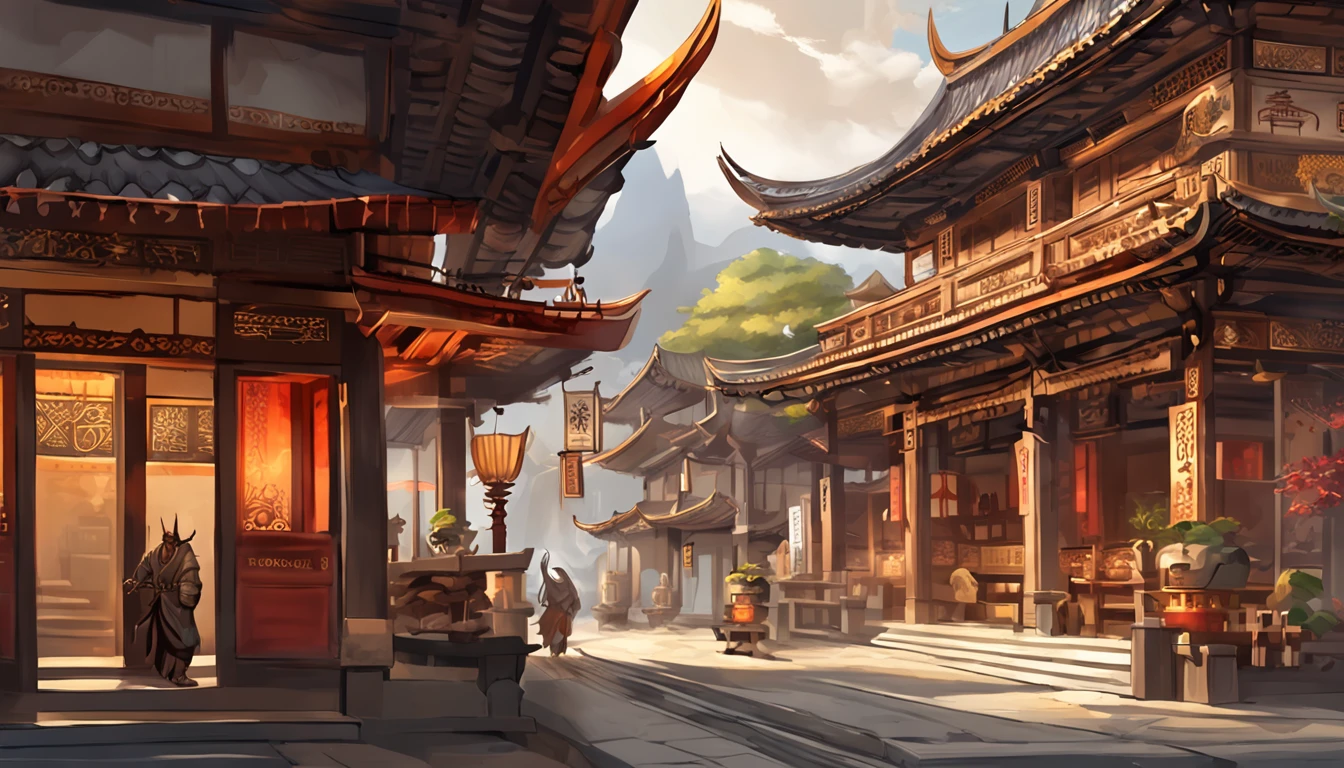 Modern City street with Buildings, by Kishi Ganku, fantasy art, zen temple background, clean render, a horned, detailed bushido form smoke, forgotten deity, 8k realistic, in game render, detailed face background detail, art station front page, ox, pseudo-medieval fantasy, deity with koi design, detailed bronze design, bronze design, golden etched design, gold obsidian design, light gold design, ornate filigree design, demon, ornate covering covered in thorns, intricate assasin design, intricate metal design, clad in an ornate design adorned with intricate designs, boasting a large crest and two horns, all set against a dark, smoky backdrop suggestive of a battle scene, lending an ominous aura, (full view, full size)