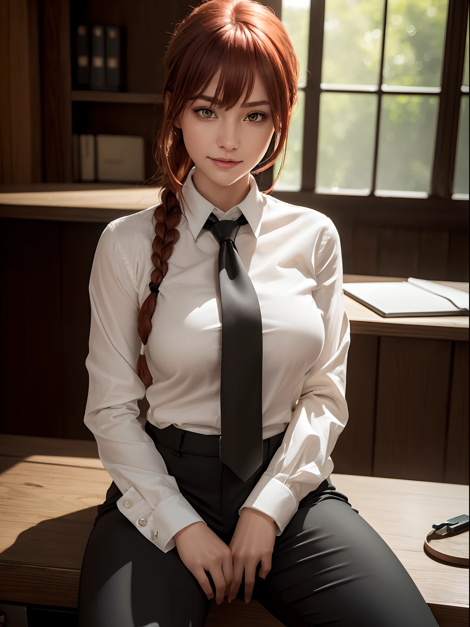 (masterpiece, best quality:1.4), (full body:1.5), (sitting on a desk:1.5), makima \(chainsaw man\), 1girl, bangs, indoors, black necktie, black pants, braid, braided ponytail, collared shirt, highres, long hair, long sleeves, necktie, red hair, ringed eyes, shirt, sidelocks, solo, uniform, white shirt, yellow eyes, medium breasts, beautifull smile, beautiful face, highly detailed face, highly detailed eyes, highly detailed skin, skin pores, subsurface scattering, realistic pupils, full face blush, full lips, depth of field, volumetric lighting, sharp focus, absurdres, realistic proportions, good anatomy, (realistic, hyperrealistic:1.4), 16k hdr