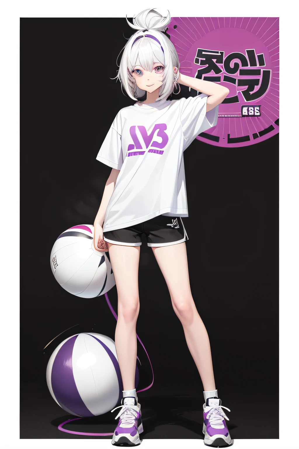16yo girl，White hair hair，A ball head，Purple eye，Lively and cheerful，ssmile，HEIGHT 168CM，Weight 48 kg，Wearing a white T-shirt，Wear a T-shirt with black letters over Happy，wear short shorts，White sneakers，One hand Biye