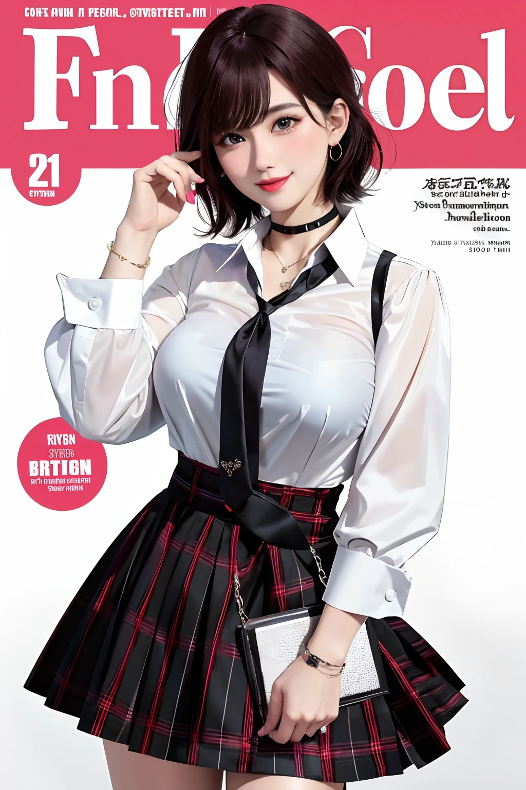 masterpiece, best quality, full body, 1girl, bangs, black choker, black necktie, black hair, blue skirt, blush, bracelet, breasts, choker, clothes around waist, collarbone, collared shirt, cowboy shot, dress shirt, ear piercing, eyebrows visible through hair, gradient hair, grin, gyaru, jewelry, kogal, long hair, looking at viewer, loose necktie, necktie, piercing, plaid, plaid skirt, pleated skirt, red eyes, ring, school uniform, shirt, skirt, smile, solo, white shirt, street, sky, cherry blossoms, petals,illustration, (magazine:1.3), (cover-style:1.3), fashionable, woman, vibrant, outfit, posing, front, colorful, dynamic, background, elements, confident, expression, holding, statement, accessory, majestic, coiled, around, touch, scene, text, cover, bold, attention-grabbing, title, stylish, font, catchy, headline, larger, striking, modern, trendy, focus, fashion,