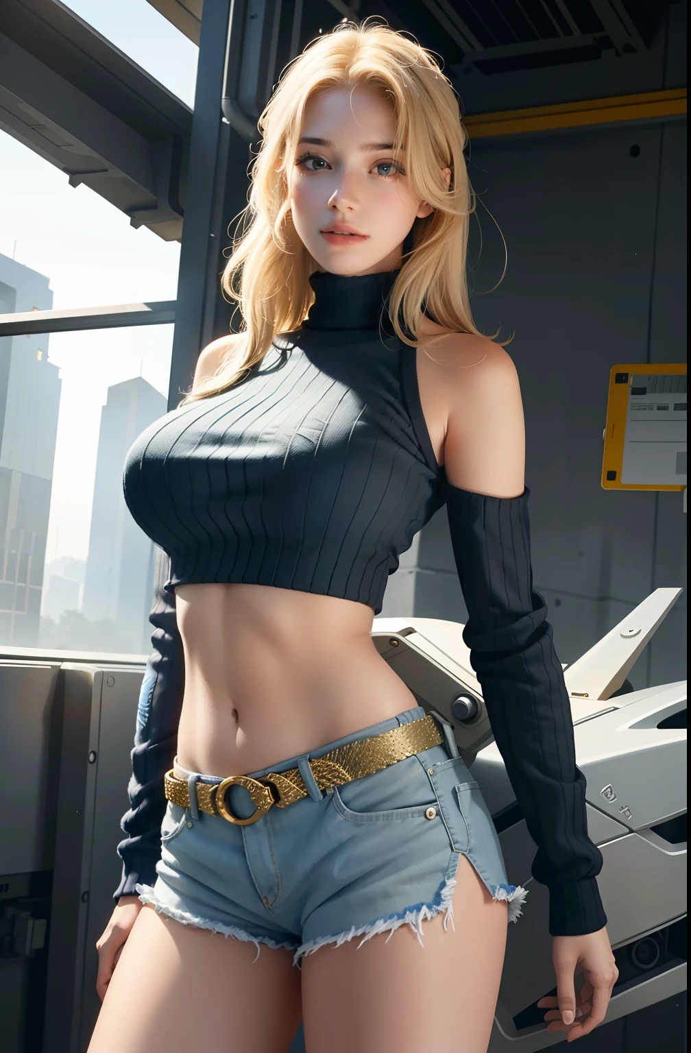 (), Bigboobs,(Masterpiece), Best quality, Extremely detailed, (aquarelle), full bloom, Delicate and beautiful, illustration, (From below),(1girll:1.4), (Solo:1.2), Large breasts, (ribbed sweater:1.3), off-shoulder sweater, (Short shorts:1.2), Bare shoulders, (underbust:1.2), ((Dark skin:0.8)), Beautiful eyes, (Disheveled hair ), Photography, over the shoulder shot, author:Alex Maleev, professional, Canon camera, Nikon camera, Sharp, Bokeh, Studio quality, fisheyelens, author:Robert Capa ,araffe with a huge body and a huge body in a cosplay, girl in mecha cyber armor, ferra white mecha, female mecha, Mechanized Valkyrie girl, beautiful white girl cyborg, Armor Girl, clothed in sci-fi military armor, sci-fi woman, in white futuristic armor, gorgeous female paladin, mechanized soldier girl