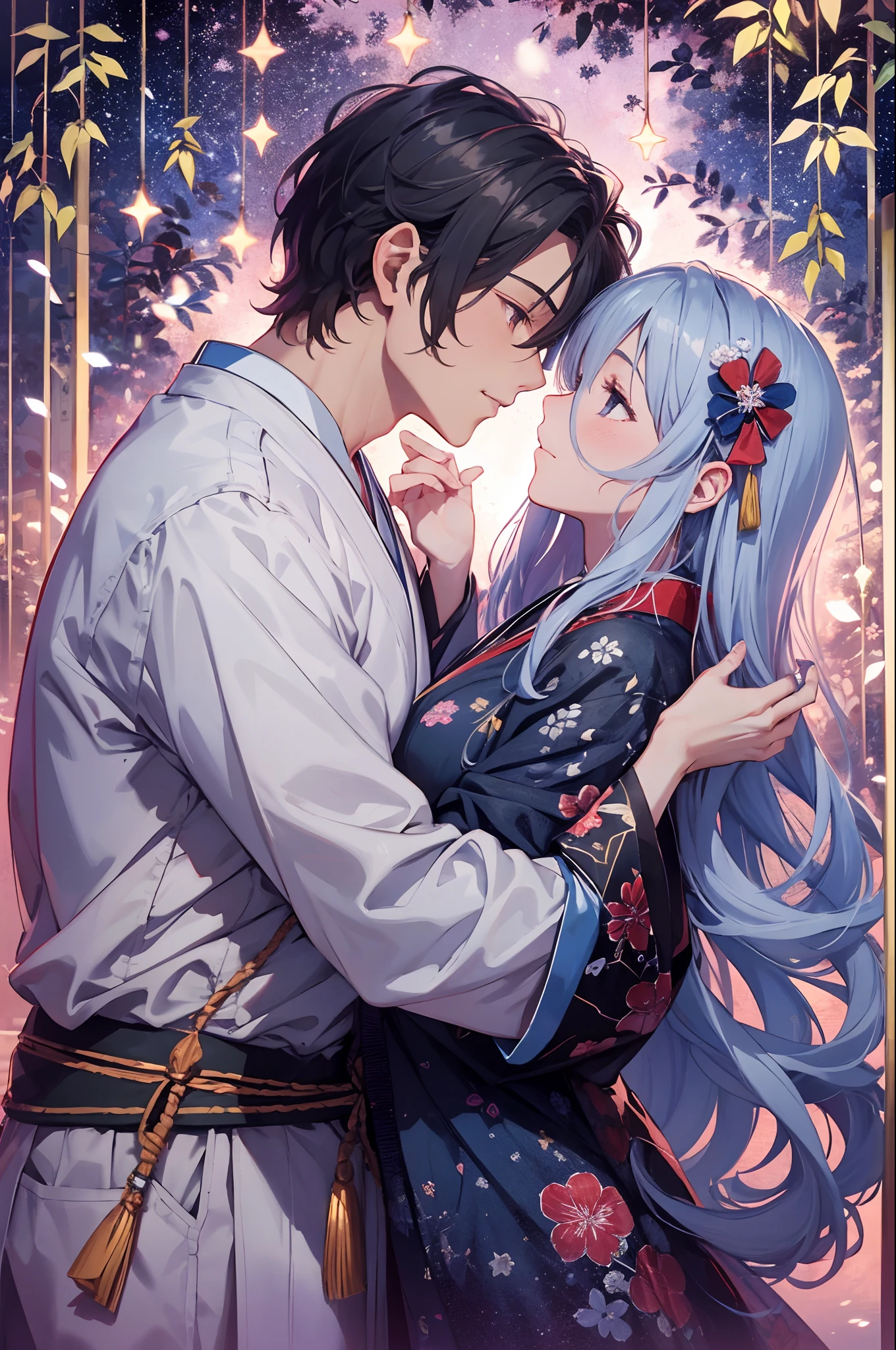 Under the cosmic canopy of Tanabata Valentine's Day, a boy and a girl find themselves in a dance as old as time, a dance that weaves together two souls deeply entangled in the embrace of love. Their meeting beneath the twinkling stars is no coincidence; it is a manifestation of wishes whispered into the ether. The scene unfolds amidst bamboo branches adorned with shimmering ornaments, a testament to the enchantment of tradition. Bathed in the soft luminescence of moonlight and the radiant constellations, the atmosphere exudes a sense of serenity and euphoria. In the style of Katsushika Hokusai's romantic Ukiyo-e, this love scene is immortalized through the meticulous art of woodblock print. The color palette, comprised of subtle shades of indigo and ethereal silver, captures the essence of a moment suspended in time. With hand-crafted precision and an acute attention to detail, this artwork captures the fleeting emotions of the heart. --auto --s2