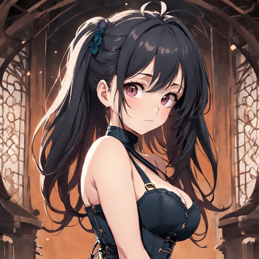 An illustration of a well-endowed woman in a corset and black overalls, 1 garota, sozinho, seios, orelhas de animais, cabelo longo, Cabelo branco, olhos azuis