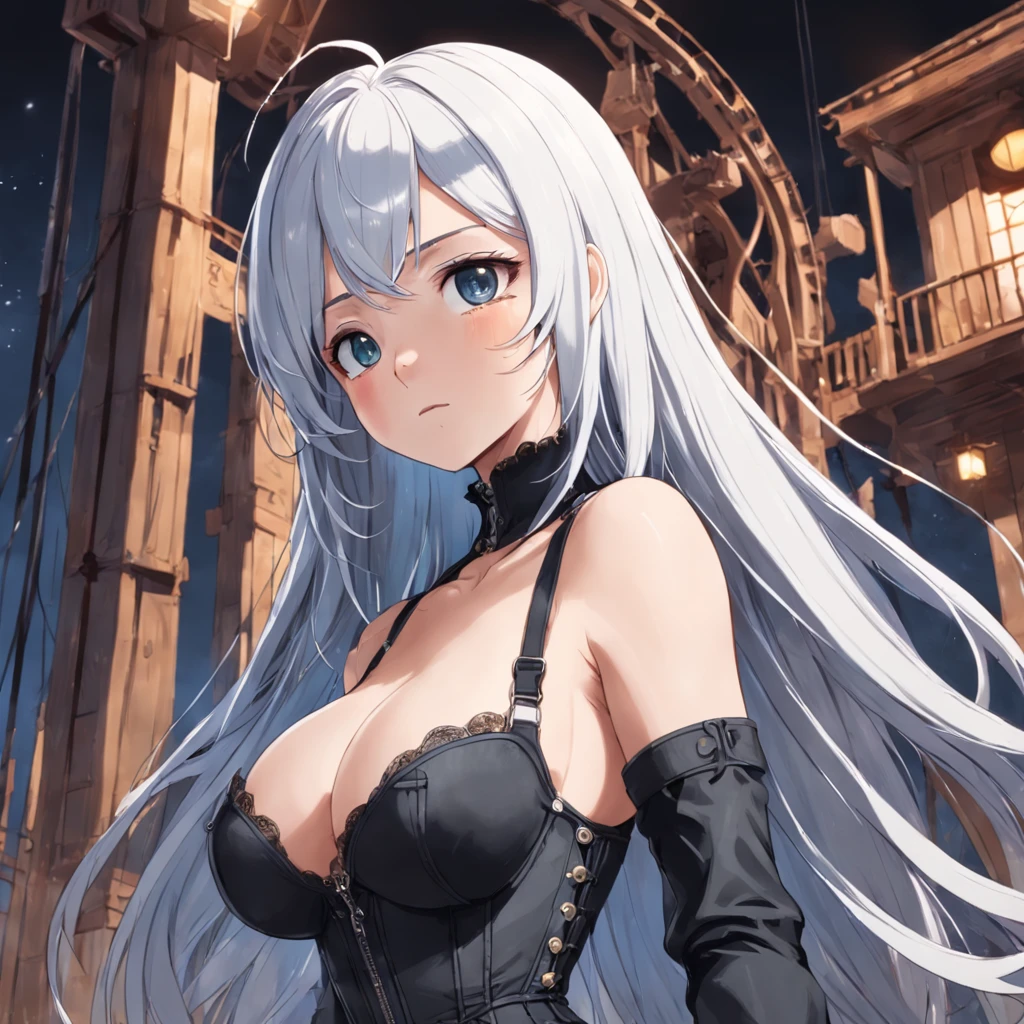 An illustration of a well-endowed woman in a corset and black overalls, 1 garota, sozinho, seios, orelhas de animais, cabelo longo, Cabelo branco, olhos azuis