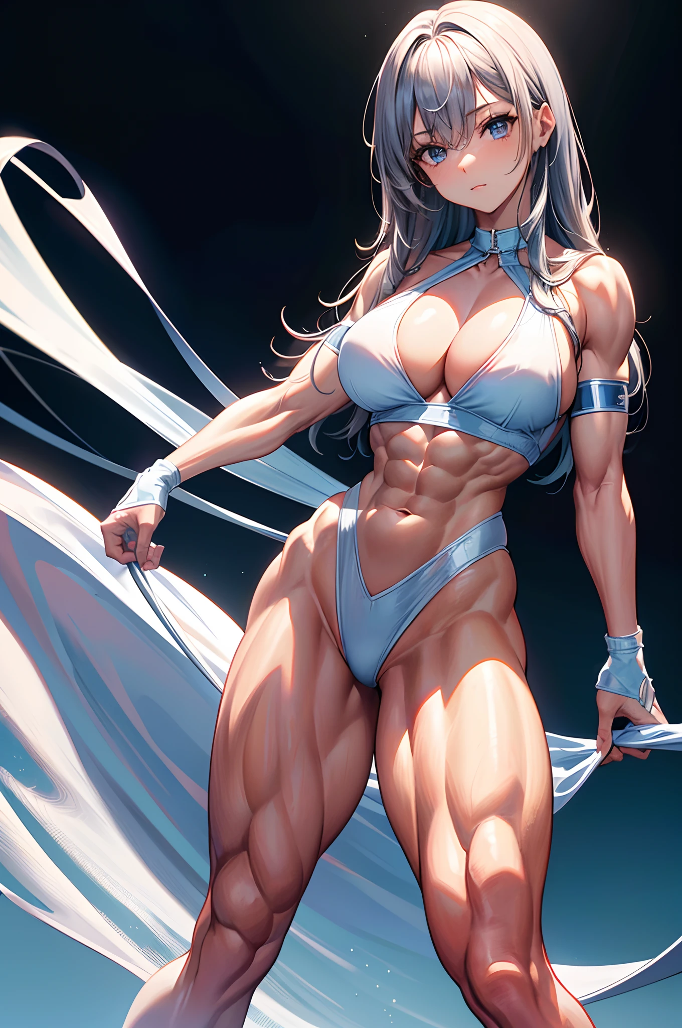 (BEST lighting) , (ultra intricately detailed) , 4K unification, (super-detailed CG: 1.2) , (8K: 1.2),(Original), (Masterpiece) , (Best quality),(Masterpiece:1.4),Anime-ish high quality,(Masterpiece),Masterpiece, Super clear picture quality,Clearer than movies,(Fine face)Best quality, absurderes,((masterpeace, 4K, 8K, Yes, A high resolution))1girll, schoolgirls,She was in the dance studio,standing on your feet,Leaning sideways,Exposing the abdomen,gymnastic suit,There are bulges of dense veins on the arms,Spring, Boots, Perfect figure, Long silver hair, Dynamic pose,Legs exposed,Strong leg muscles ((body builder:1.5)),Gymnastics studio background,(Beautiful bace),(Girl),(Female),(((Upper body:1))), ((one navel)), (((sexy lingerie)))