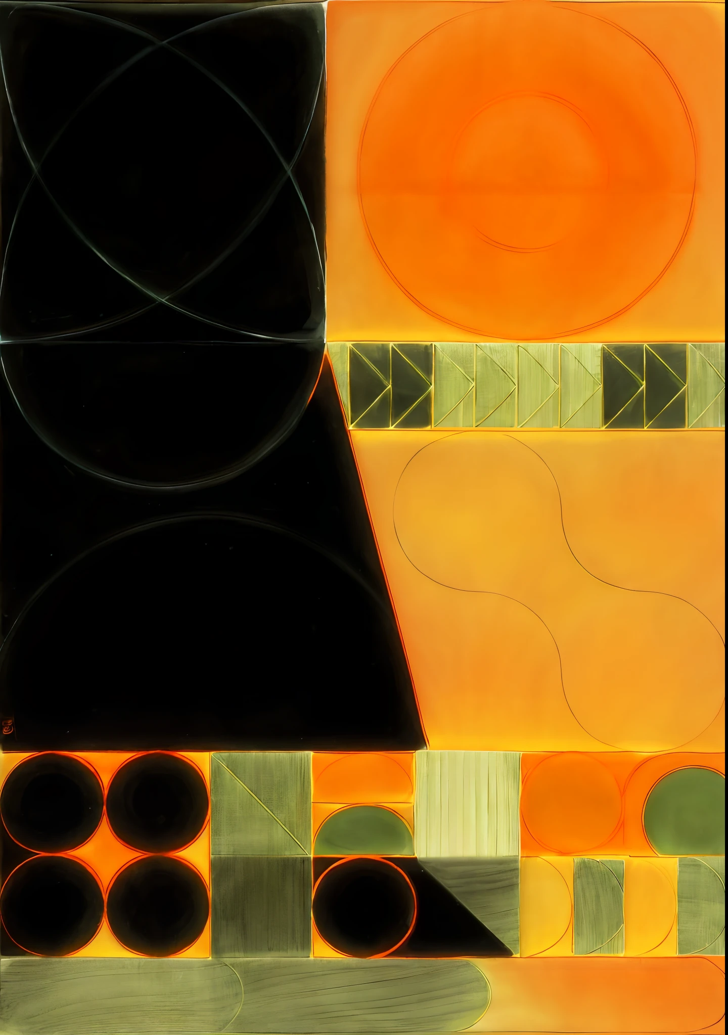 Geometric design drawing on black and white background, complex shapes, Inspired by Joseph Bullock, Inspired by Stanton McDonald-Wright, simplified shapes, Mesh montage of shapes, inspired by Andrei Kolkoutine, graphic shapes, Inspired by Joseph Navratil, circle forms, Inspired by Jose Lifrinks, outlines, simple shapes, Disconnected shape in orange tones