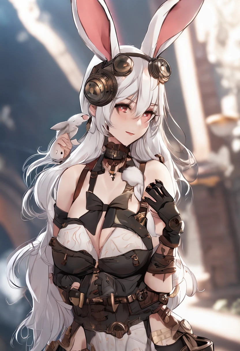 adorable rabbit,shinning armor,In steampunk style,Ram rabbit,2 small broken ears,wide blue eyes,Small black ears,A black eye,White Bunny Girl cosplay, Large round fluffy tail, Tattooed, Short hair with light brown wavy hair, Big sparkling red eyes, Abs, great proportion, A full-body shot, Kaleidoscope of background, 、anime big breast、, illustration, fanciful, Portrait、、, animification, A high resolution, HighestQuali, Extremely high image quality, the ultra-detailed, The ultra-realistice, photot-REALISTIC