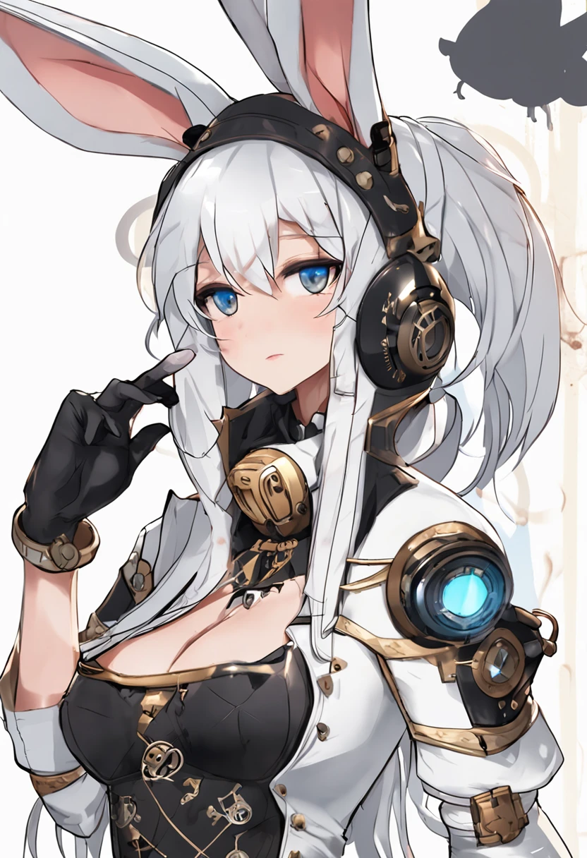 adorable rabbit，shinning armor，In steampunk style，Ram rabbit，2 small broken ears，wide blue eyes，Small black ears，A black eye，White Bunny Girl cosplay, Large round fluffy tail, Tattooed, Short hair with light brown wavy hair, Big sparkling red eyes, Abs, great proportion, A full-body shot, Kaleidoscope of background, 、anime big breast、, illustration, fanciful, Portrait、、, animification, A high resolution, HighestQuali, Extremely high image quality, the ultra-detailed, The ultra-realistice, photot-REALISTIC