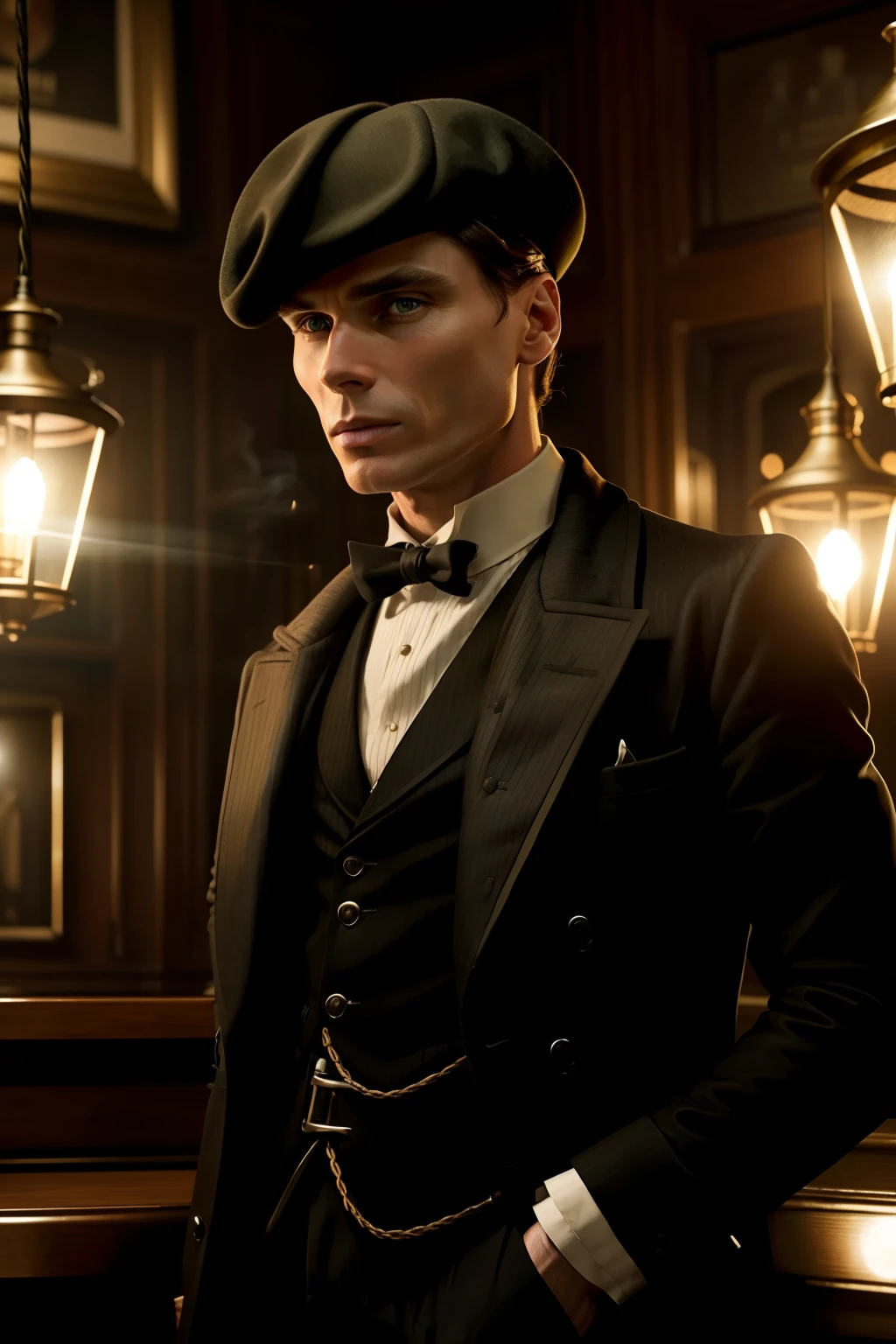 1 homem Cillian Murphy como Tommy Shelby, Retrato realista, rosto detalhado, Boina de peaky blinders , cinematic lighthing, Inglaterra ambientada nos anos 30, sentado em um bar fumando um cigarro