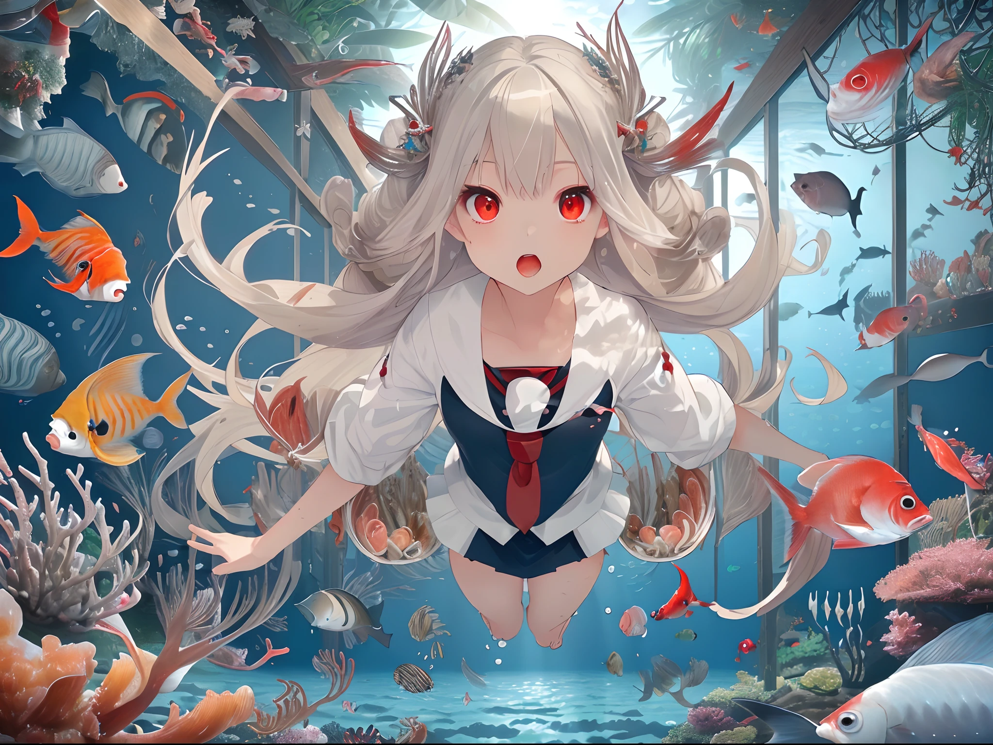 Silver blonde long hair, ruby red eyes,beatiful detailed eyes,Perfect Anatomy,((Zero Gravity,weightless,Flying,Floating in the air)),((arbor)) ,Wonderland,((Tropical Fish, School of tropical fish, Colorful tropical fish, under the water, In the sea,school of fish, sea weed,Jellyfish,Pillar of Light)), ((Large shellfish,reefs,swim bladder:1.5 )), (((Larg Anchor,Deep sea background ))),Goddess,((((large amount of fish)))),((garden)),visual impact,