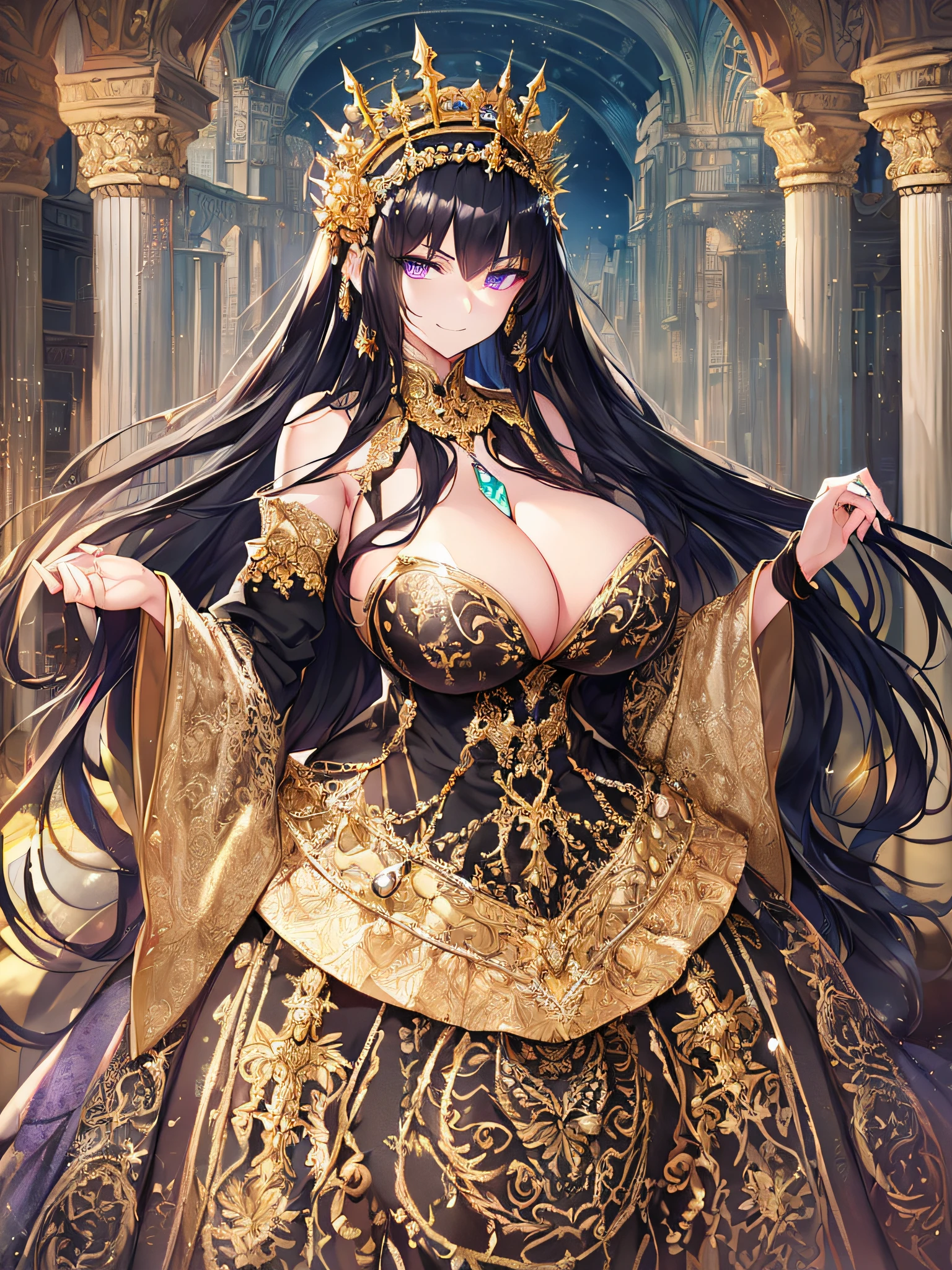 ((anime artstyle)),(Masterpiece),(Best Quality),(Super Detail),(Very Delicate and Beautiful),Solo,((full body)),((standing in the balcony,Overlooking a detailed night view,outdoor)),from above,BlingBling,((1 arrogant princess in beautiful embroidery black and gold gorgeous rococo ballgown with beautiful embroidery and glitter jeweled voluminous full length hoop skirt)),(crinoline),gorgeousfull embroidery,Long train,(((arrogant,haughty))),((arrogant smile)),Sharp eyes,(gorgeous gemstone jewelry),detailed face and eyes,jewel-like eyes,Purple eyes,(Bangs between eyes),((large amount of straight hair,extremely Long voluminous black Hair)),((gigantic tits,Long tits)),gorgeousfull embroidery,cleavage,extremely gorgeousfull hair ornament,(bling-bling extremely gorgeousfull jeweled tiara),gorgeous corsage,(Dynamic Angle),Looking at viewer,((full body)),outdoor,flowers,((beautiful embroidery and glitter jeweled black and gold gorgeous rococo ballgown with beautiful embroidery and glitter jeweled voluminous full length hoop skirt))